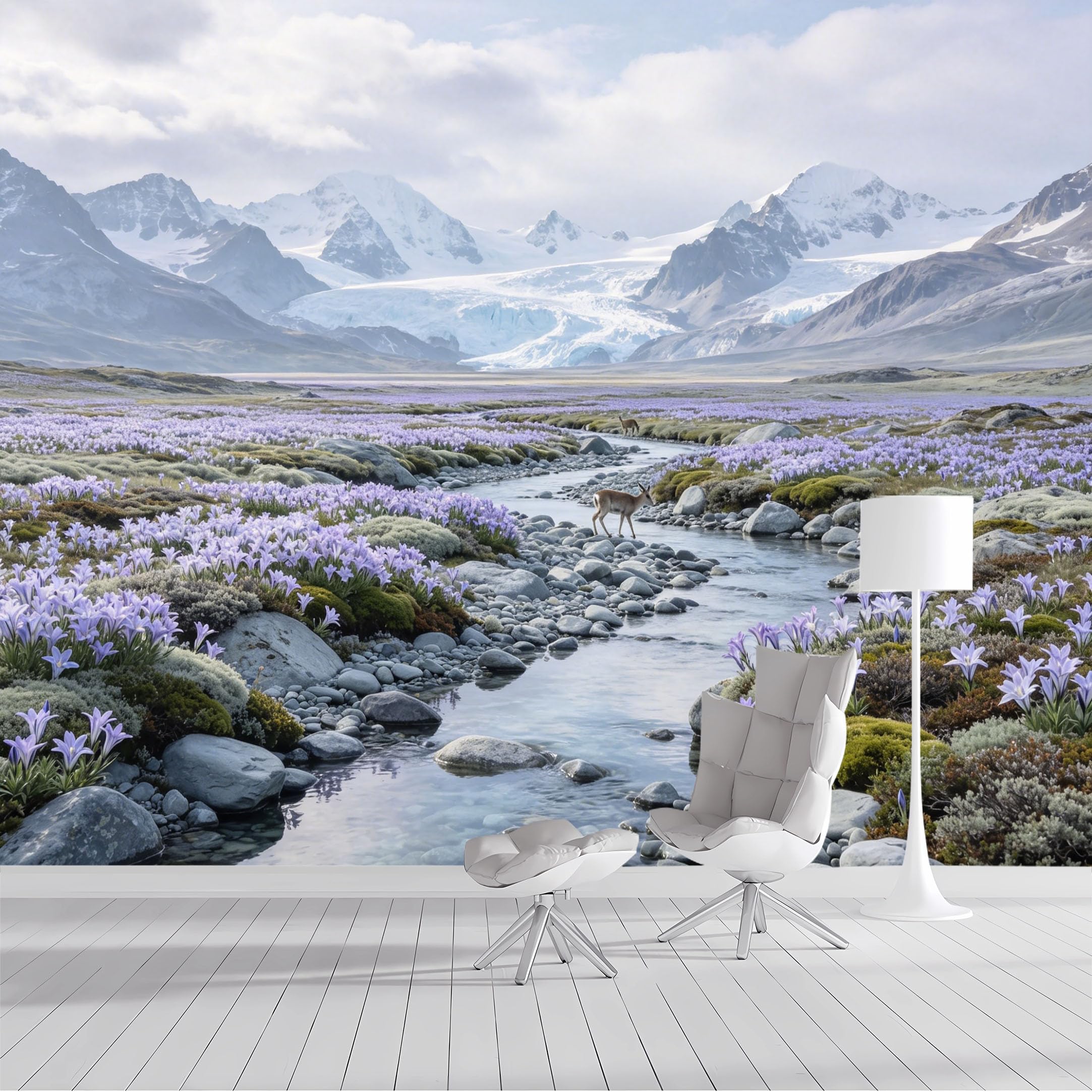 Custom Size Wall Mural Wild Mountain Landscape Watercolor Floral Stream Glacier Deer SelfAdhesive Wall Fabric Removable Peel and Stick Wallpaper Wall Decor for Living Room Bedroom Bathroom