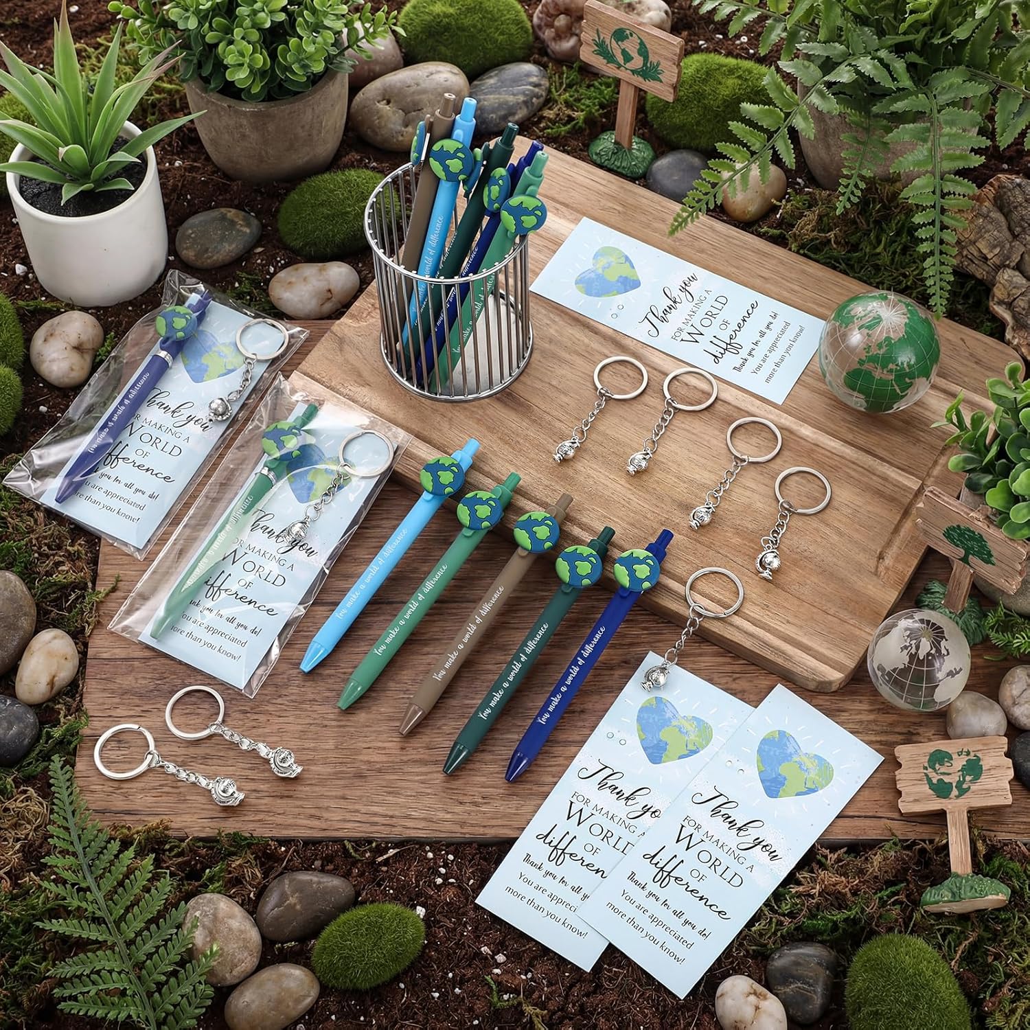 Geyoga 75 Pcs Earth Day Gifts Bulk Retractable Earth Pens Rotating Globe Keychain with Inspirational Thank You Cards for Environmentalist Giveaways Office Decorations Employee Staff Team Volunteers