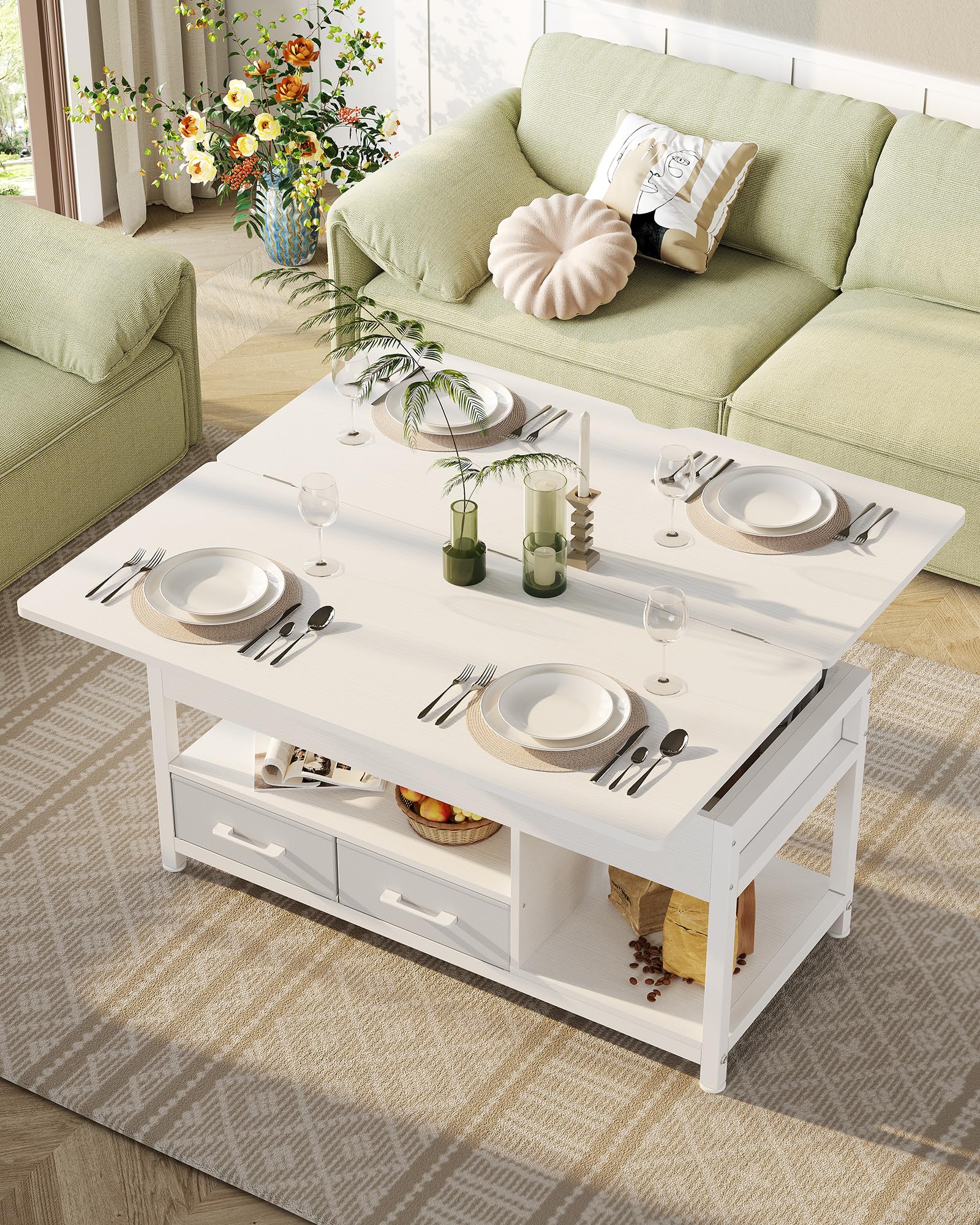 KIMENICH Table Basse Relevable, Table à Manger avec Plateau Pliant, avec 2 Tiroirs, avec Étagère de Rangement et Compartiment Caché, Tables Basse Extensible 3 en 1 pour Salon, Bureau (Blanc)