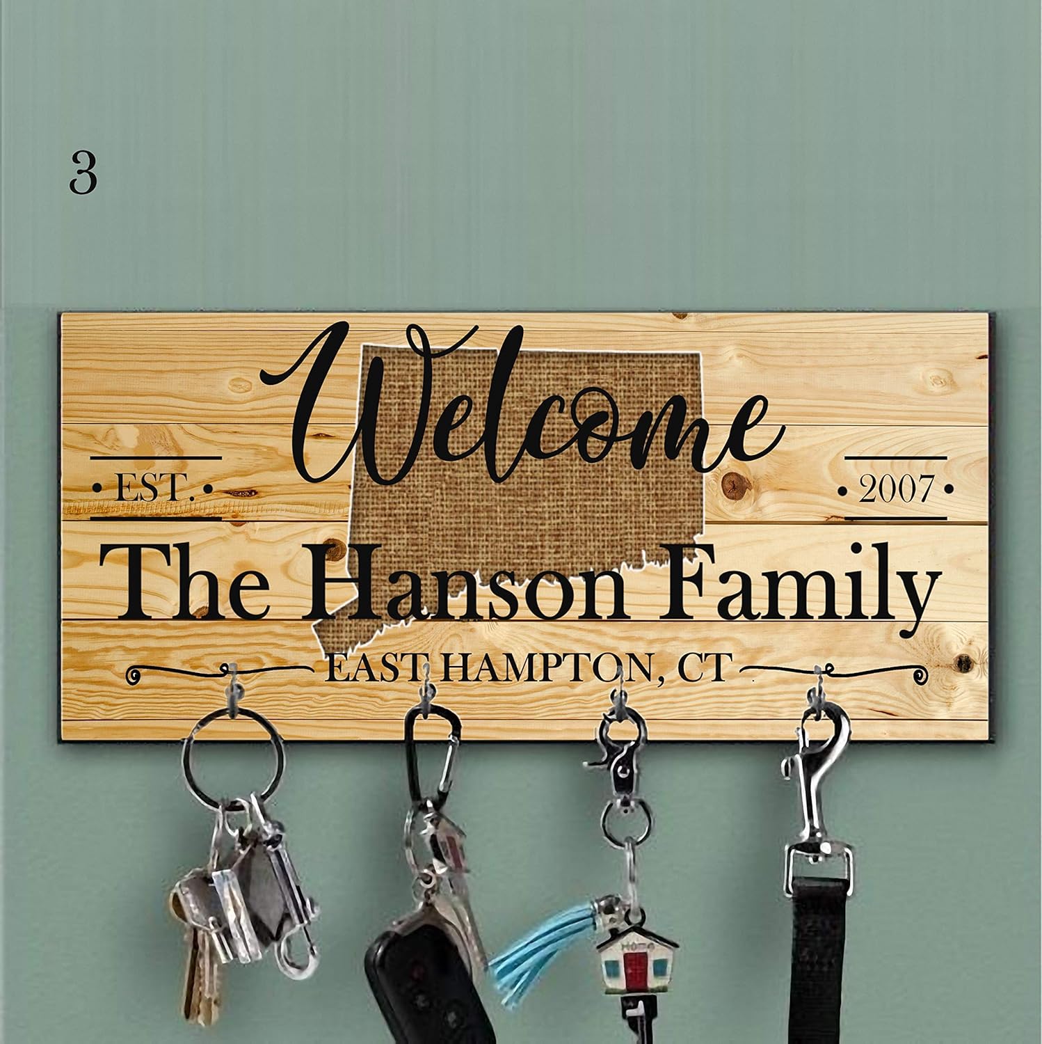 Home With City And State Color Key Holder for wall, Personalized brown family key hanger, Custom last name key hanger, Personalized Wall Mount Key Rack, Housewarming Gift, State home key hanger