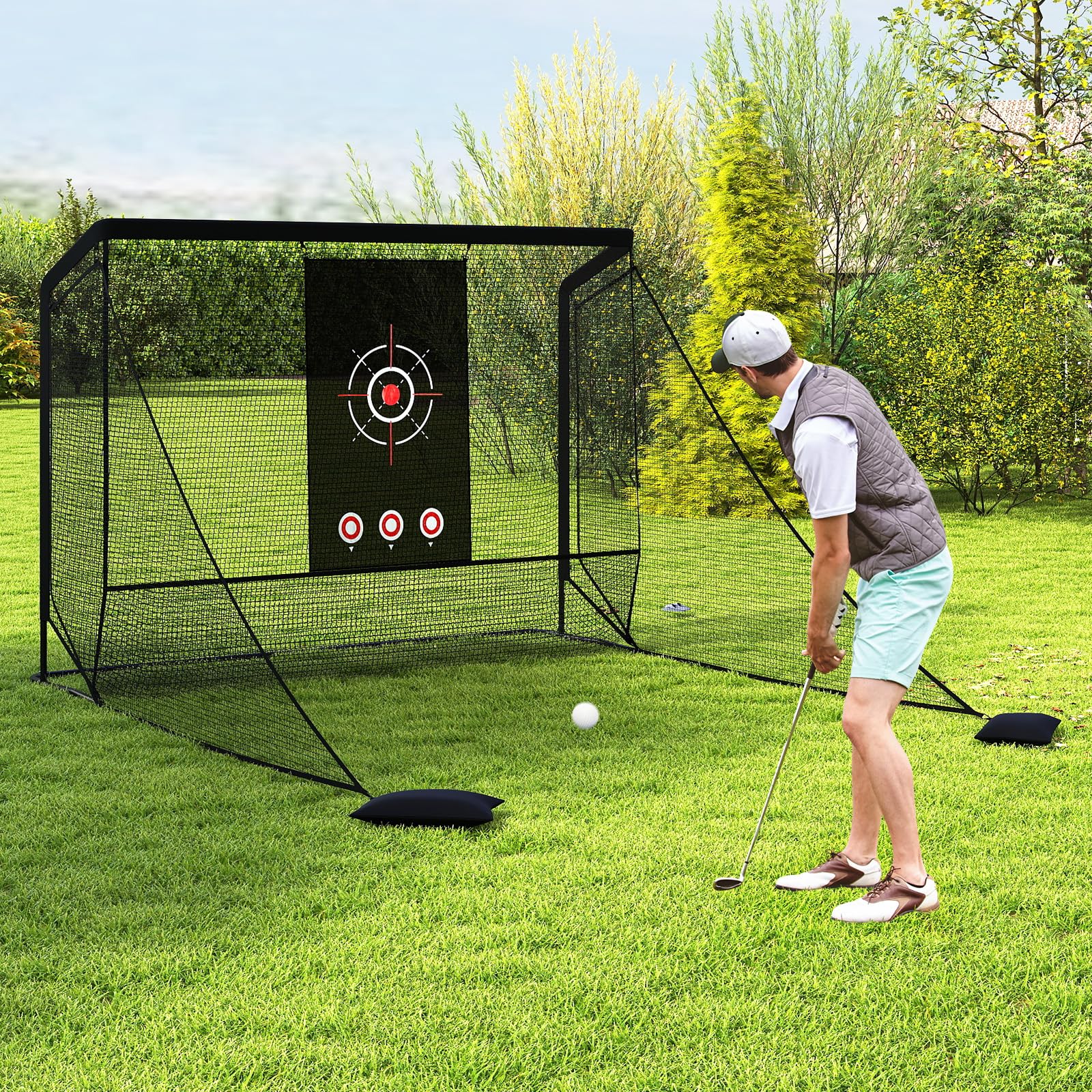 COSTWAY Rete da Golf per Allenamento, Rete Pratica da Golf con Bersaglio, 2 Barriere Laterali, Sacchi di Sabbia e Borsa, da Esterno e Interno, per Driving e Chipping