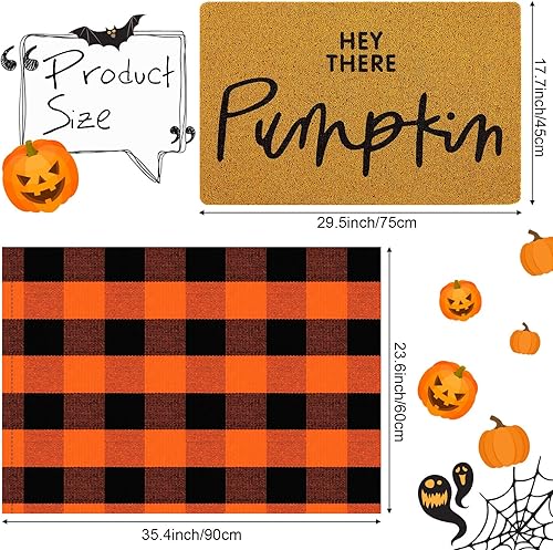 Miniatura 3 de Fabbay 2 tapetes de bienvenida de otoño, alfombra de lana cuadriculada en capas, tapete de fibra de coco de Halloween, tapete de calabaza para