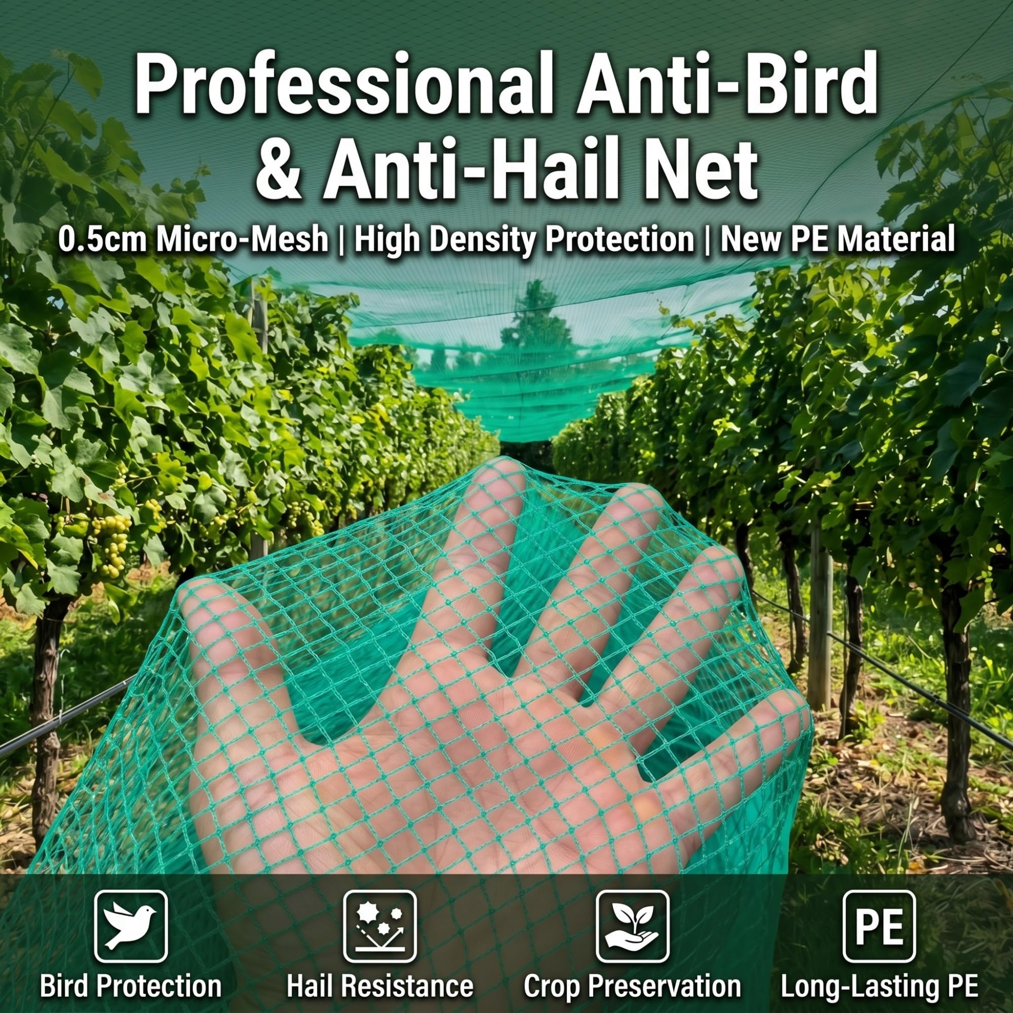 Malla Antigranizo,Resistente Desgarro,Antipajaros 5mm y Anti-Envejecimiento,Polietileno,Red Jardín para Frutas,Verduras,Jardines,Plantas(4 X 10 M)