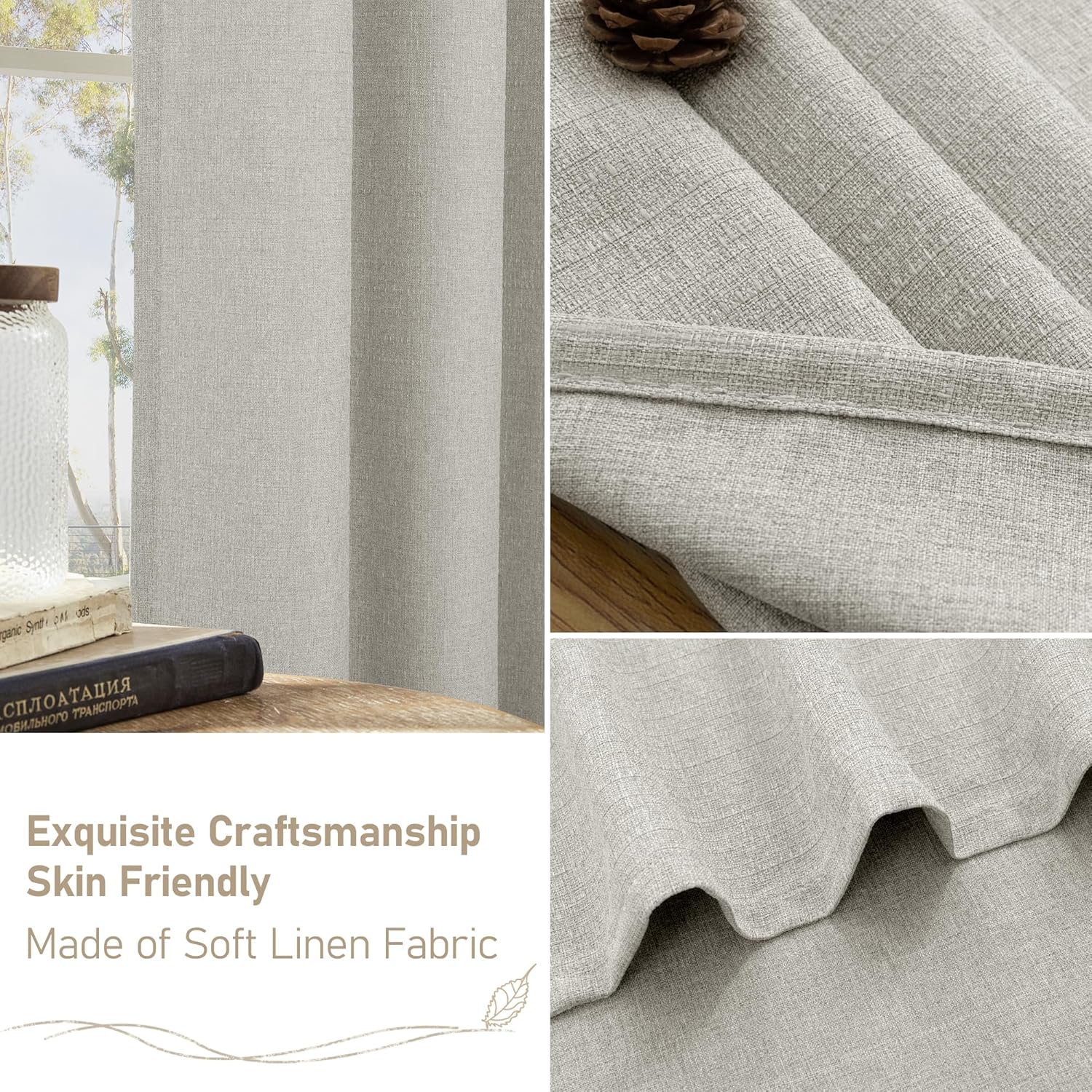 LAMIT Thermal Linen Curtains for Bedroom 84 inch Length 2 Panels, Linen Textured Curtains Privacy Grommet Blackout Drapes for Bedroom/Farmhouse, 2 Panels, W52 x L84, Light Grey
