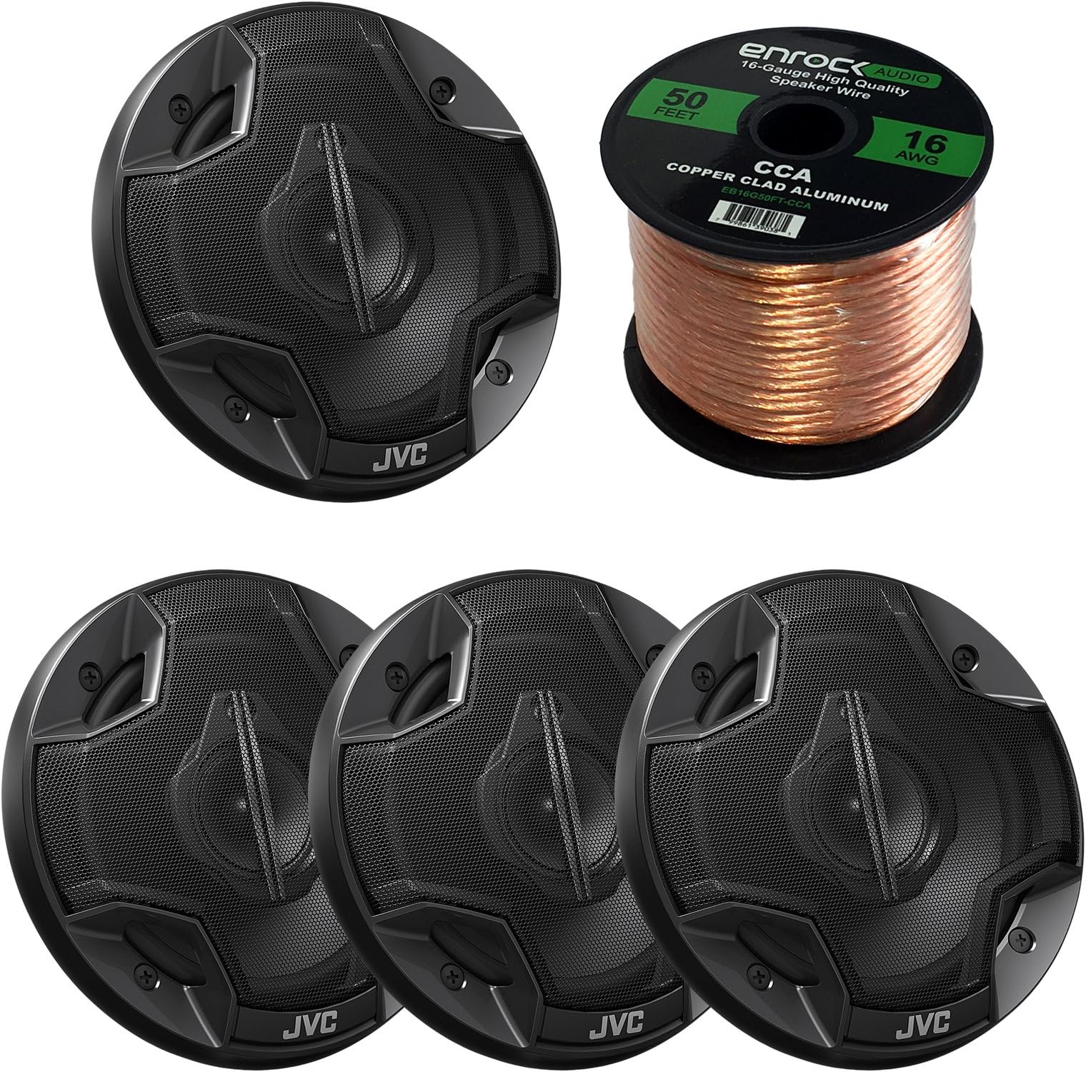 Car Speaker Package Of 2 Pairs of JVC CS-HX639 HX-Sereis 6.5" Inch 320 Watt 3-Way Upgarde Audio Stereo Coaxial Speakers Bundle Combo With Enrock 50 Foot 16 Gauge Speaker Wire
