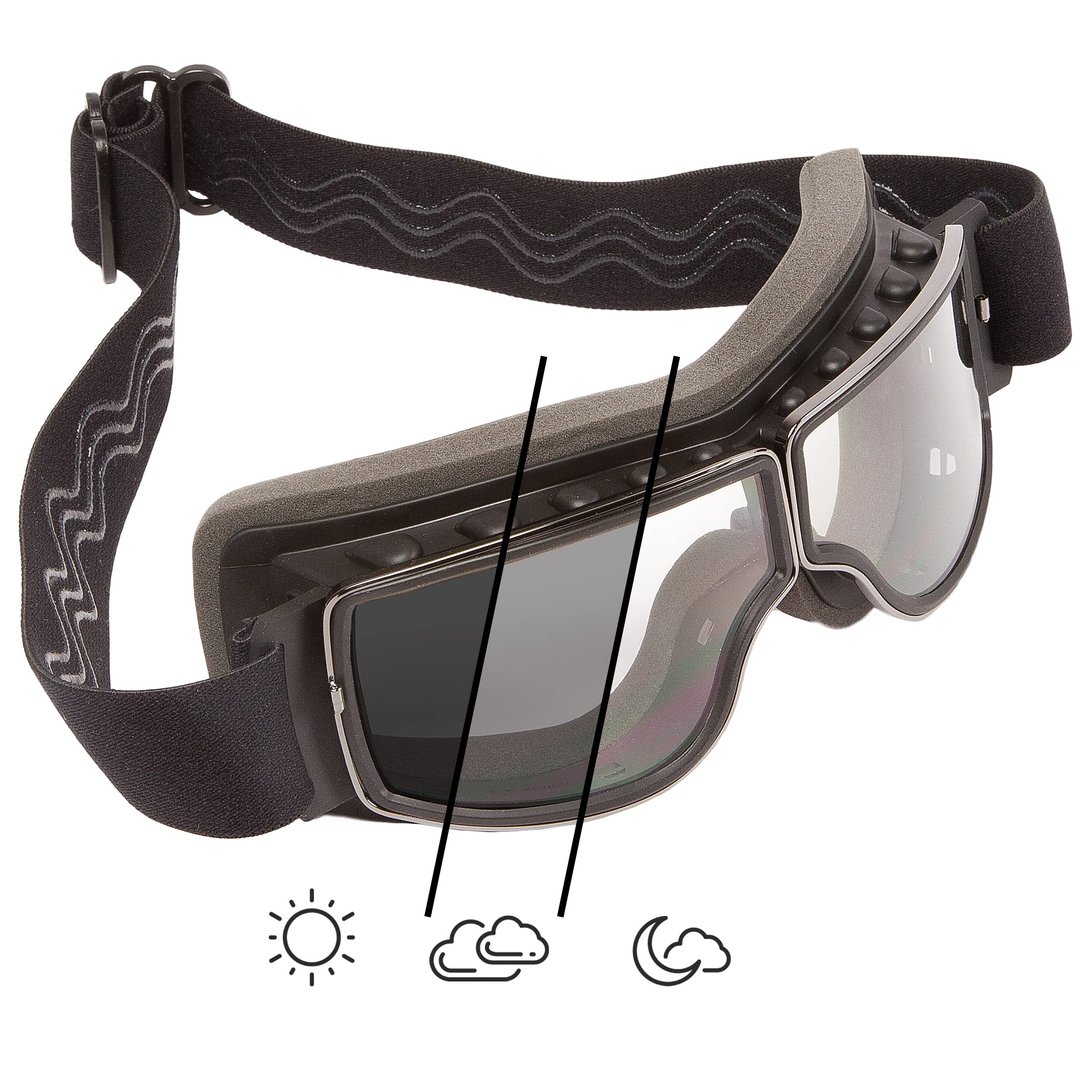 PiWear Nevada klar selbsttönend | retro Motorradbrille für Brillenträger Überbrille Schutzbrille für Oldtimer winddicht UV400