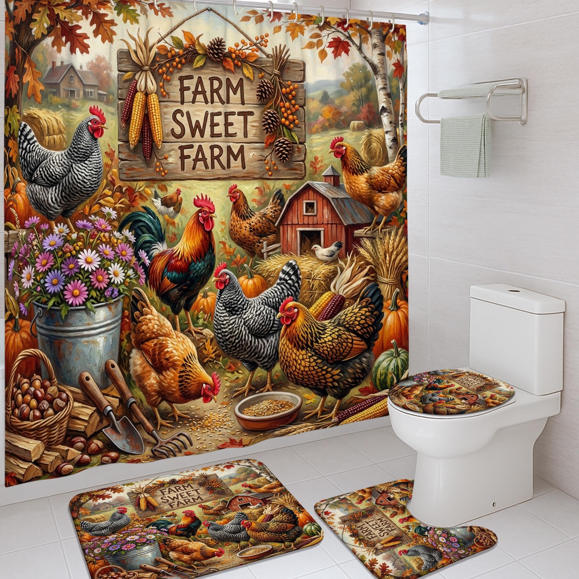 Rideau de douche en toile anti-éclaboussures 183x183 cm motif coq rustique avec crochets