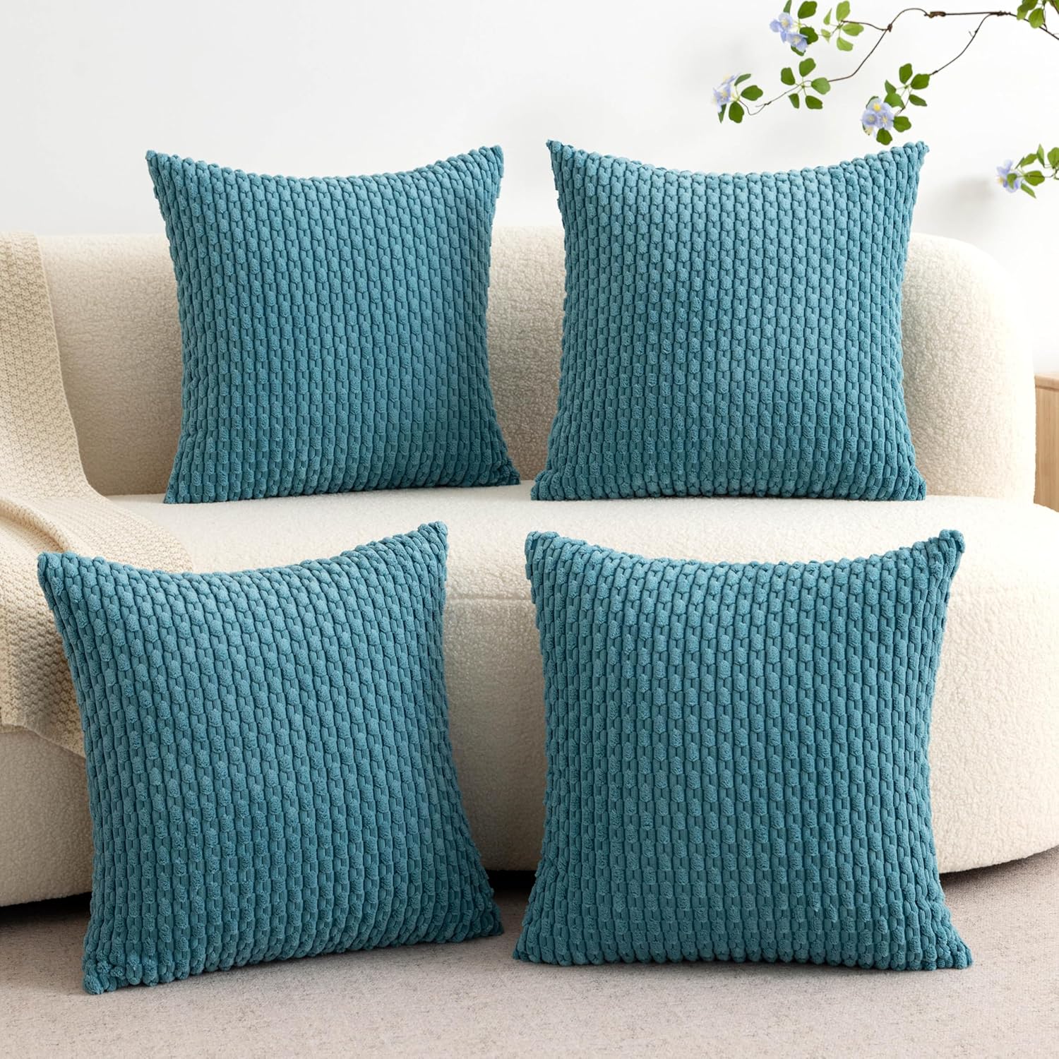 UGASA Soft Corduroy Pillow Covers Pack of 4 Boho Stripe Decorative Pillow Covers Pillowcases 18x18 Inch Home Decor Modern Farmhouse for Sofa Living Room Couch Bed, Light Blue