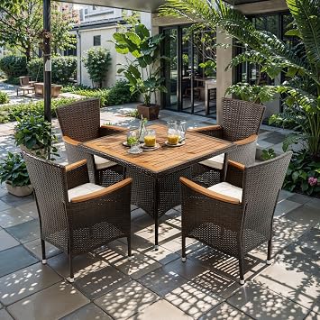 RoyalCraft 5 Piece Patio Wicker Dining Sets for 4, Water-Resistant Rattan Outdoor Dining Table and 4 Chairs with Wood Table Top, Conversation Set Removable Cushions for Deck, Garden, Backyard, Brown