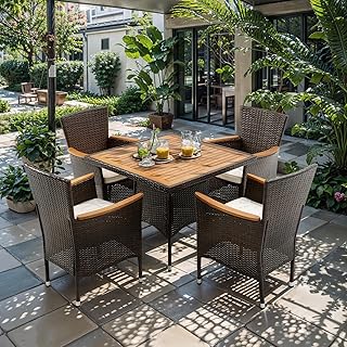 RoyalCraft 5 Piece Patio Wicker Dining Sets for 4, Water-Resistant Rattan Outdoor Dining Table and 4 Chairs with Wood Tabl...