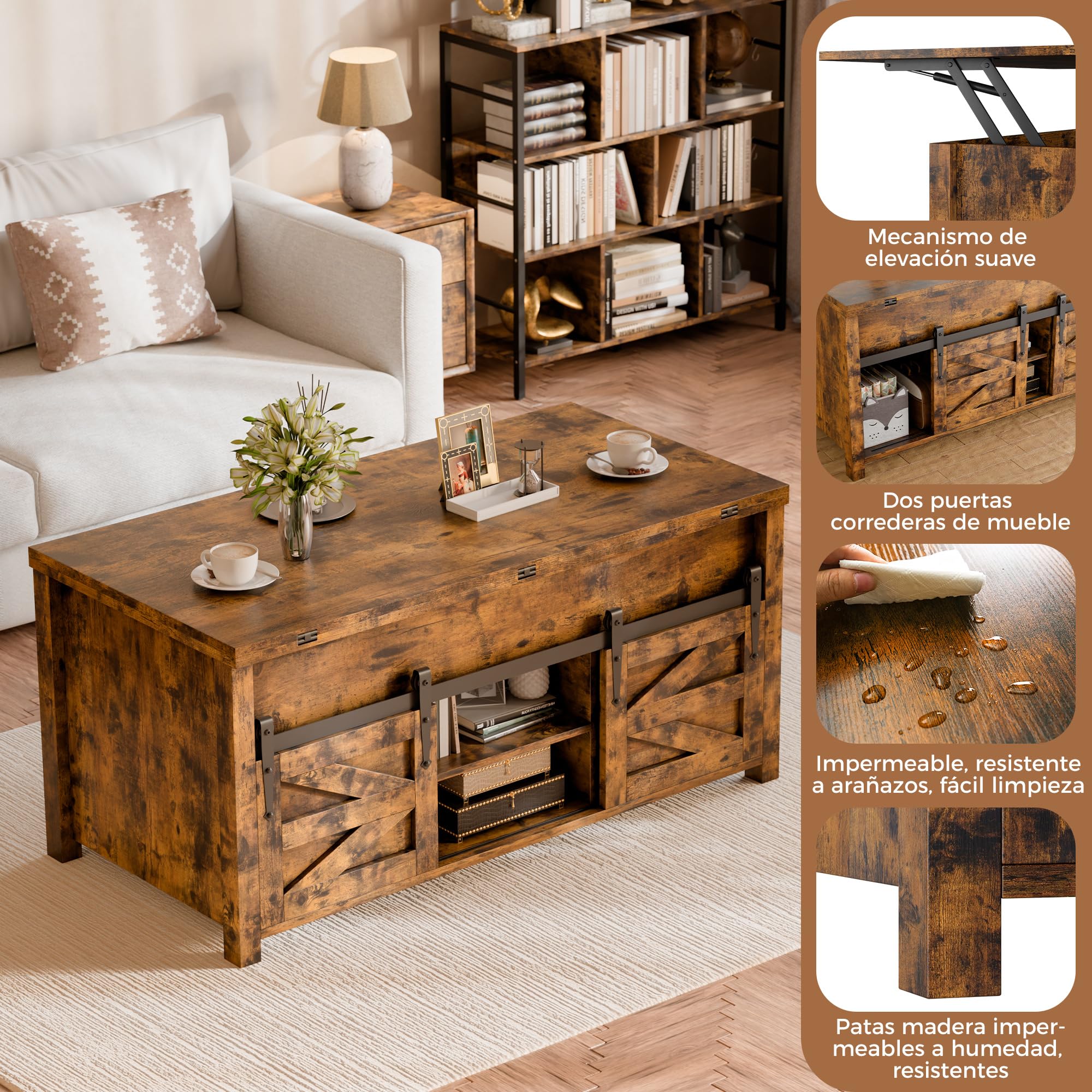 ELUCHANG Mesa de Centro Elevable y Extensible 4 en 1 para Salón, Comedor y Oficina, Mesa de Cafe con Amplio Espacio de Almacenamiento, Madera en Marrón Rústico