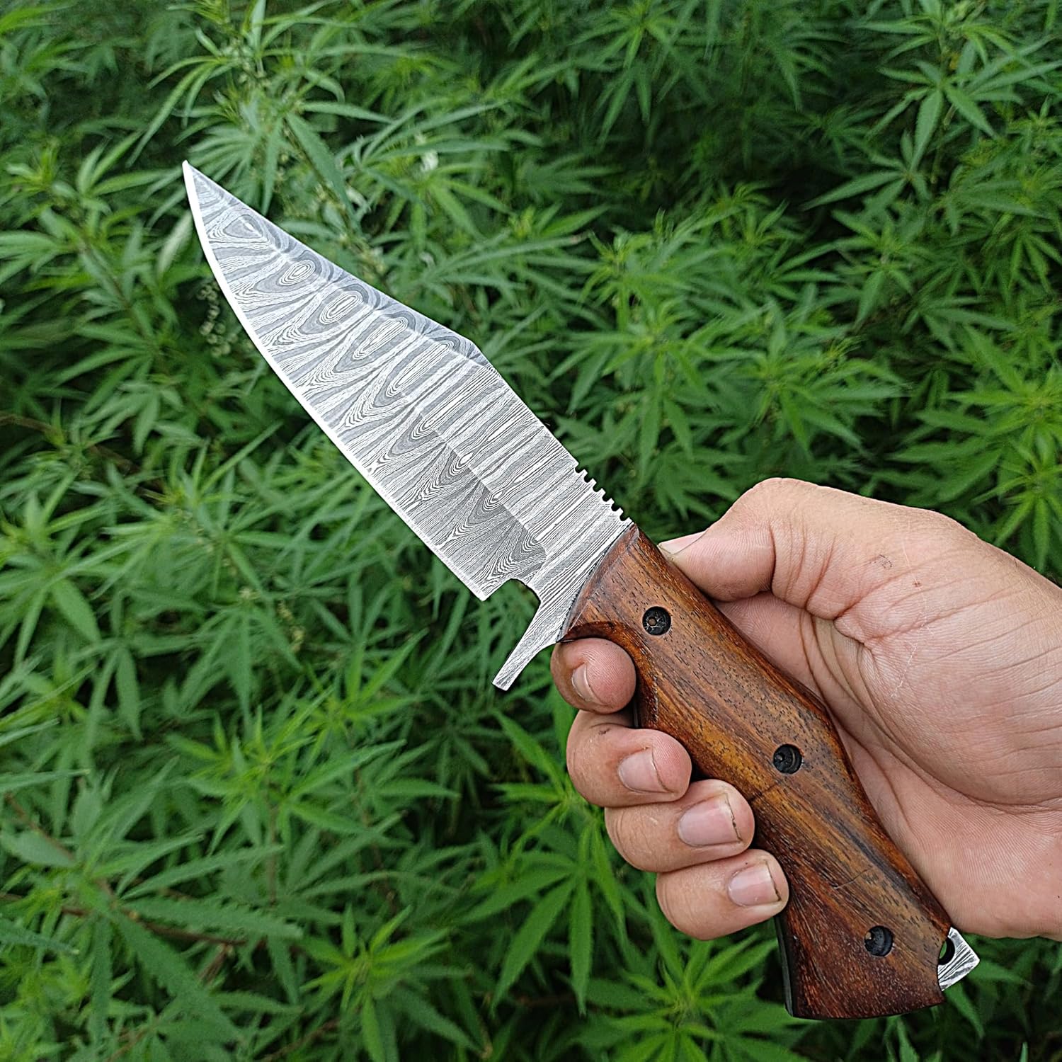 Damascus Steel Fixed Blade Hunting Knife with Sheath - Full Tang Horizontal Carry Leather Sheath