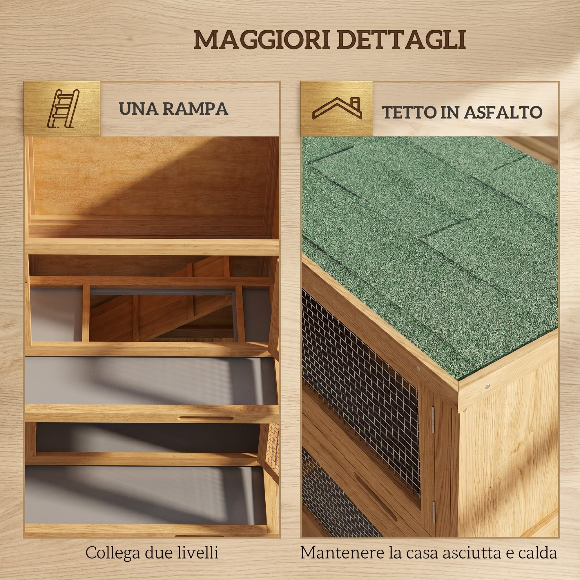 PawHut Conigliera da Esterno a 2 Livelli con Rampa Antiscivolo, 2 Vassoi Estraibili e 4 Porte con Serratura, Conigliera in Abete e Tetto in Bitume, 97x44x91 cm, Giallo