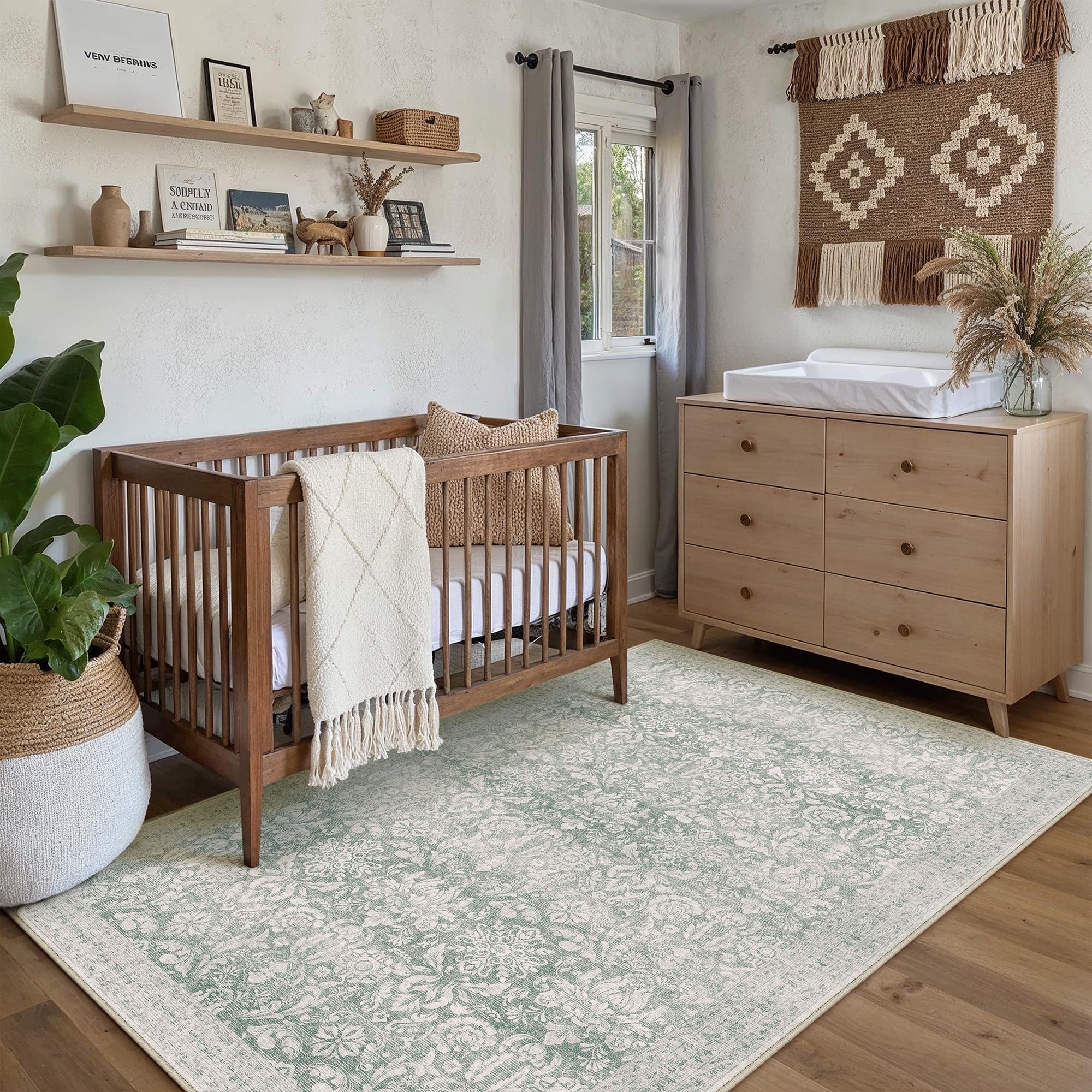 purecozy green area rug 3x5 washable neutral office entryway carpet vintage non slip indoor low pile soft thin door mat retro floral accent throw small rug for bathroom bedroom dining living room