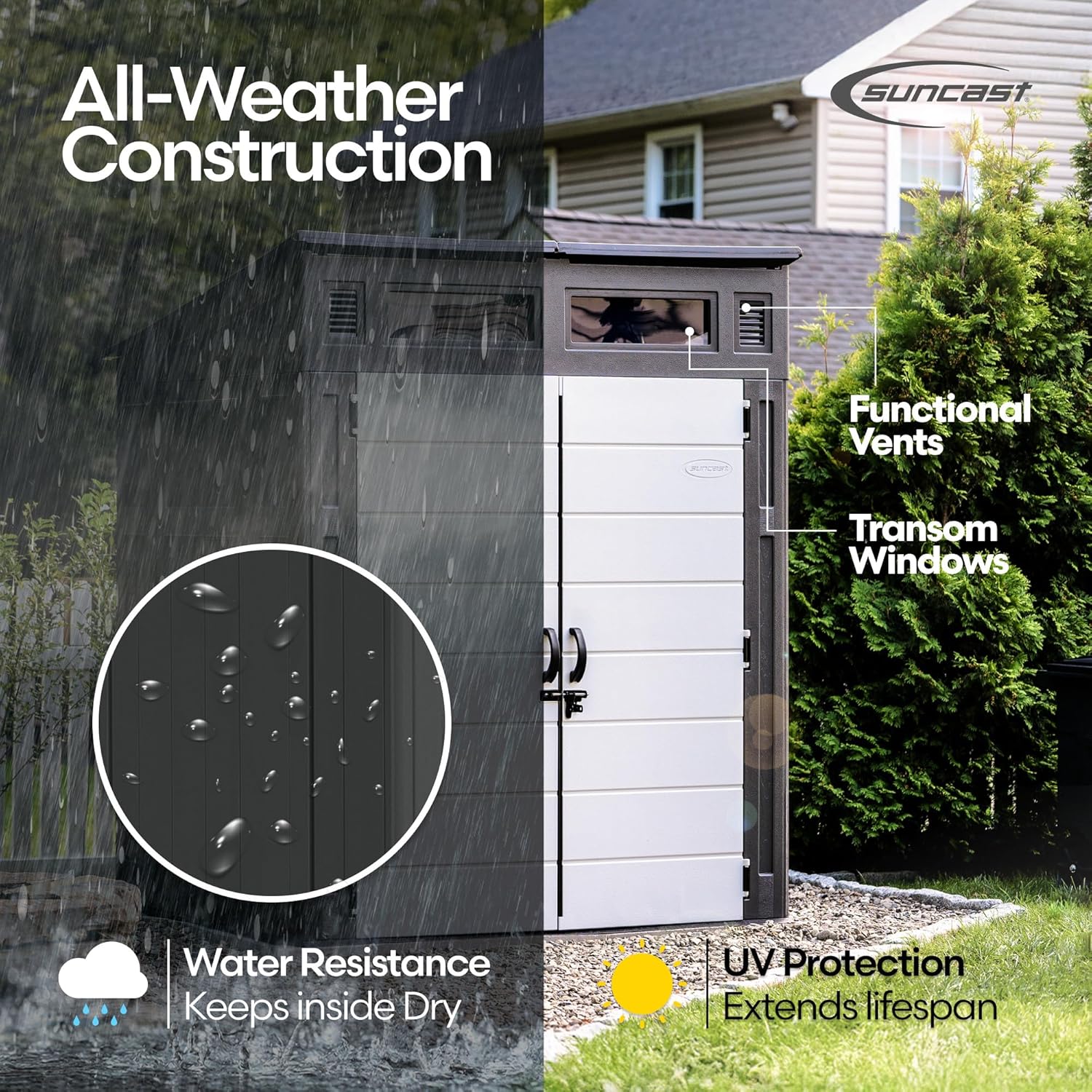 All-Weather Construction features of Suncast Modernist Storage Shed
