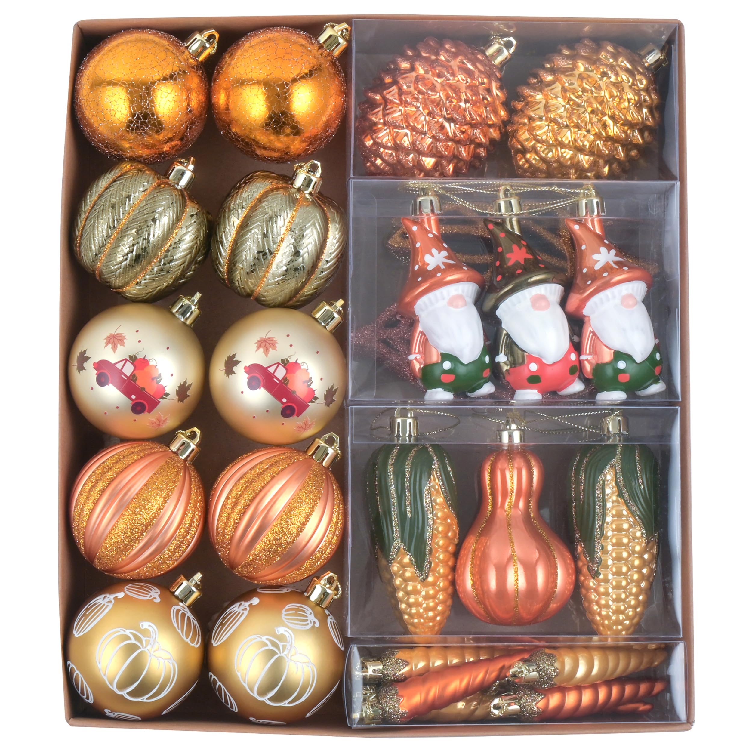 DecorbyHannah Thanksgiving Ornaments Decorations for Tree, 40ct Christmas Fall Pumpkins Gnomes Tree Ornaments, Shatterproof Gold Orange Farmhouse Hanging Ball Ornament for Home Indoor Table Decor