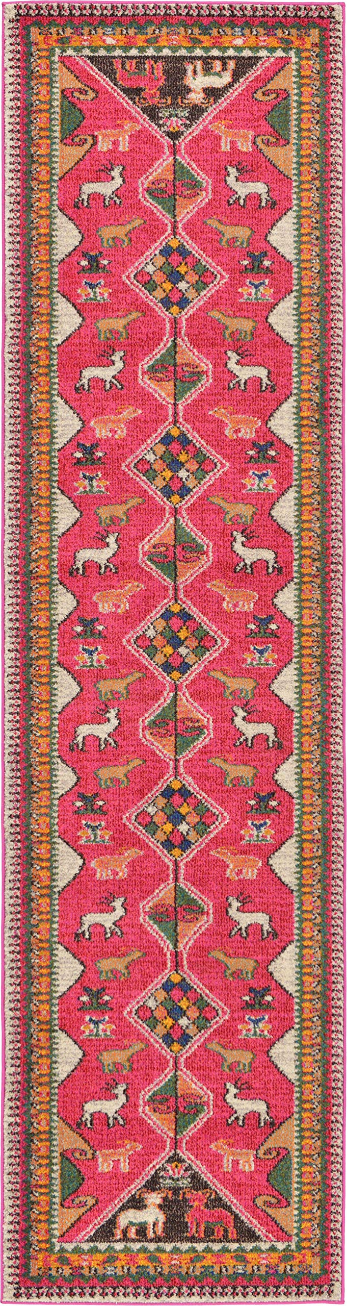 Unique Loom Sedona Collection Southwestern, Border, Over-Dyed, Animals, Tribal, Abstract Area Rug, 2 Feet 7 Inch x 10 Feet, Pink/Beige