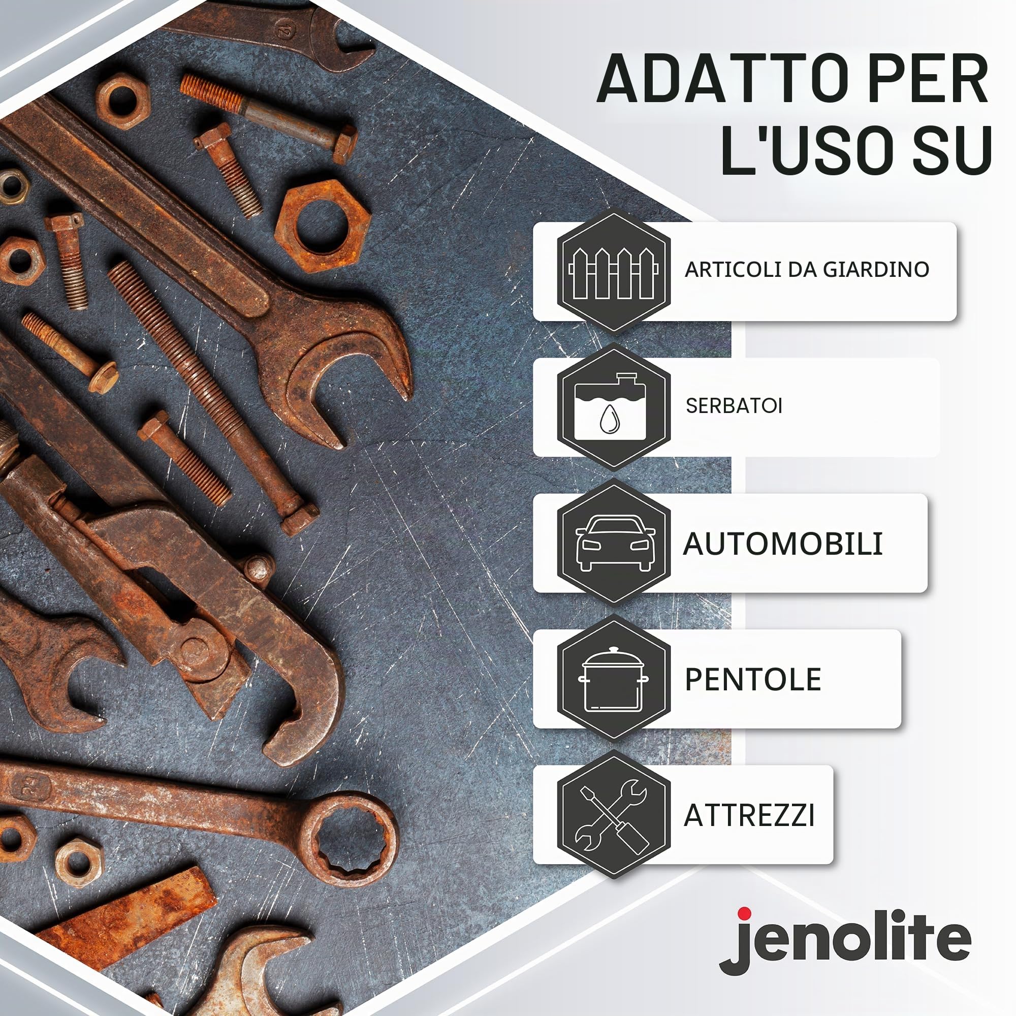 JENOLITE Rimozione della ruggine Non pericoloso | rispettoso dell'ambiente | Antiruggine a base acqua per ferro, acciaio, cromo, rame, ottone | Ideale per serbatoi di carburante arrugginiti | 5 litri