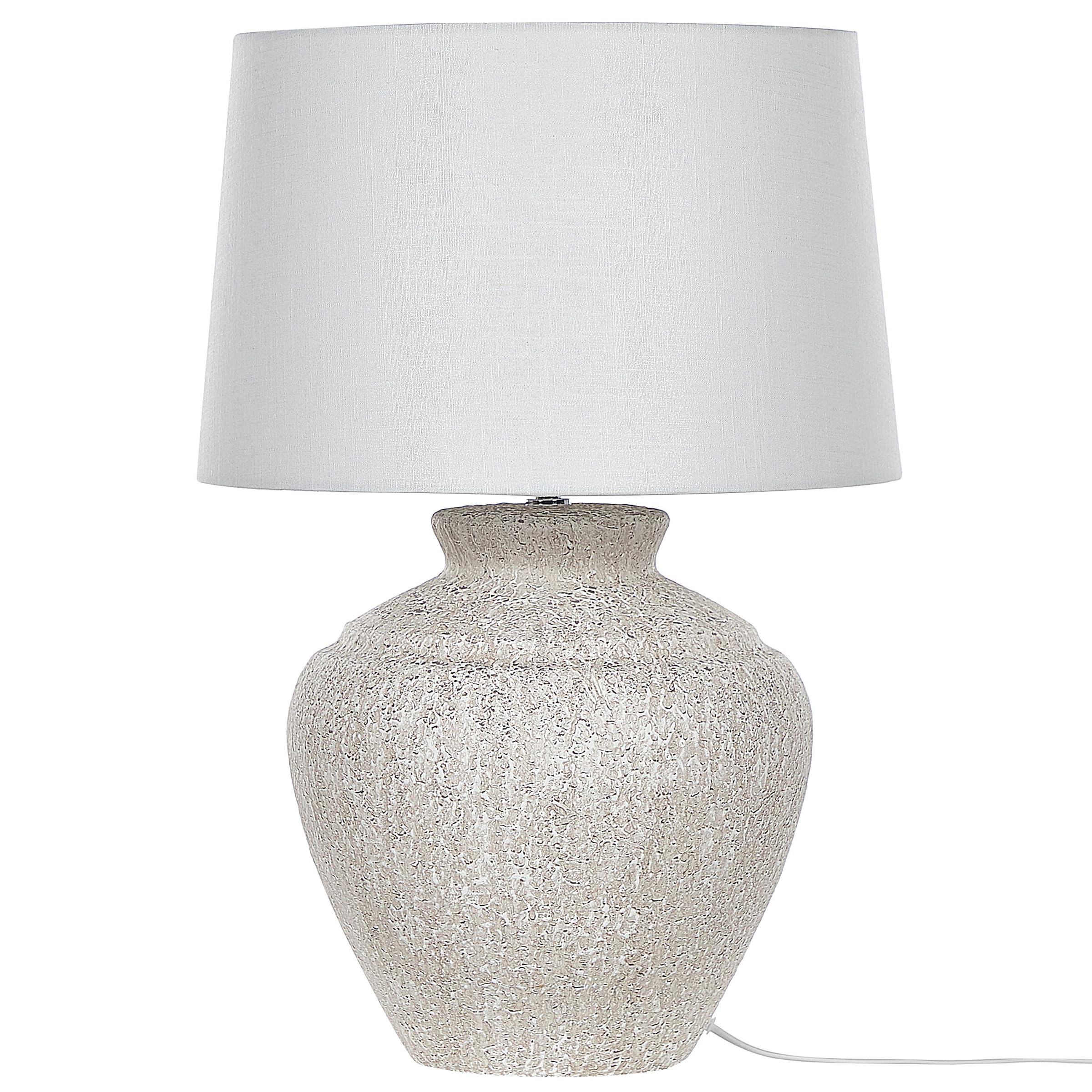 Beliani Tischlampe mit Keramikfuß hellbeige Steinoptik 60 cm Lampenschirm weiß Caine