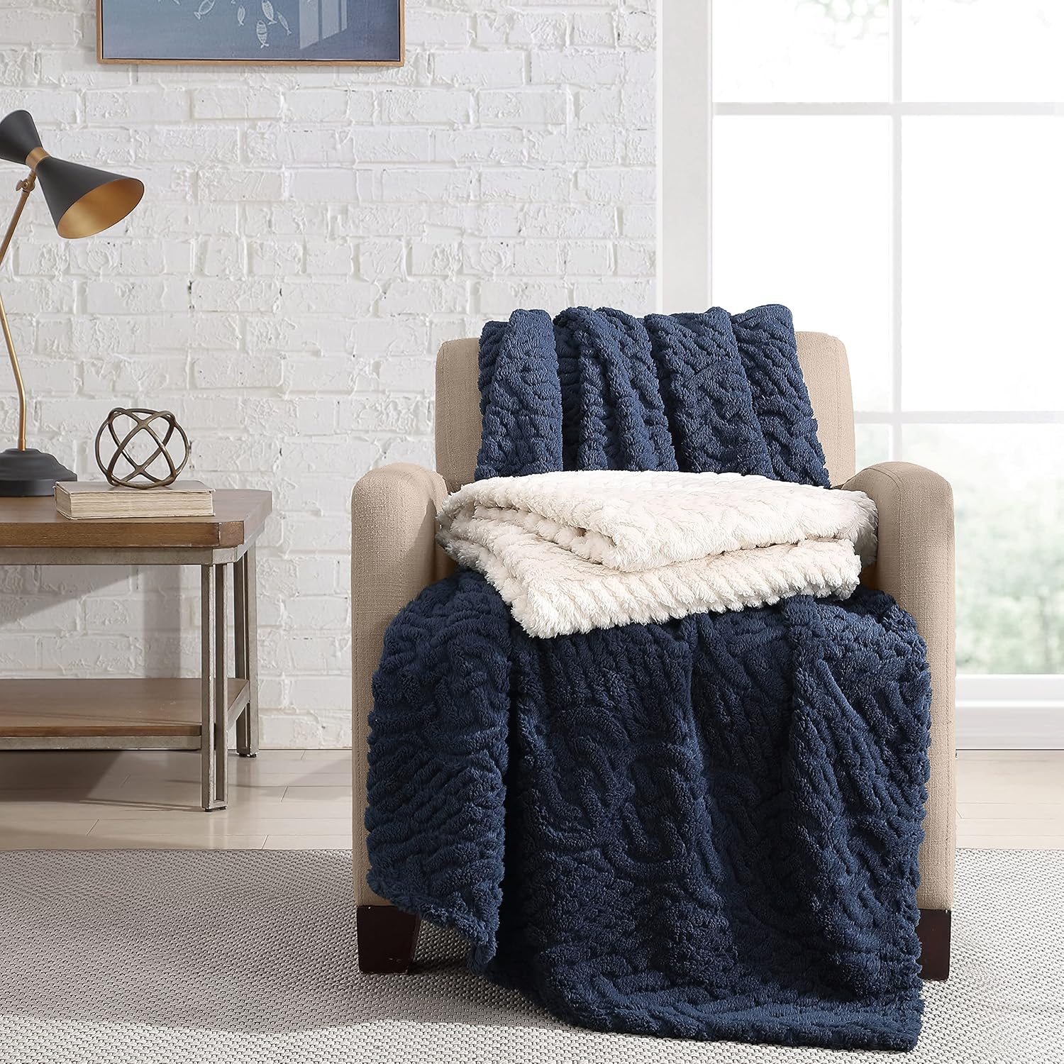Navy Heavyweight Cable Knit Sherpa Reversible Blanket