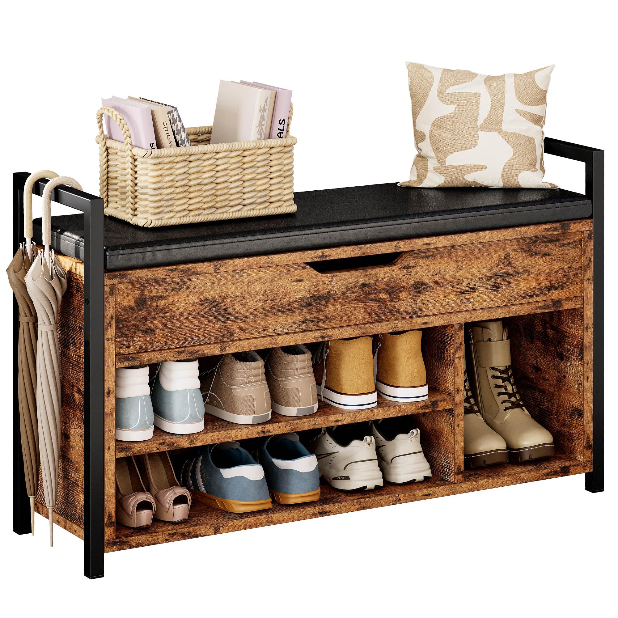 IRONCK Schuhbank mit Sitzfläche, Sitzbank mit Stauraum, Schuhschrank,100x30x62cm, 3 offene Fächer, Kunstleder, 130kg belastbar, Schuhregal für Eingang,Flur,Wohnzimmer,Schlafzimmer (Vintagebraun)