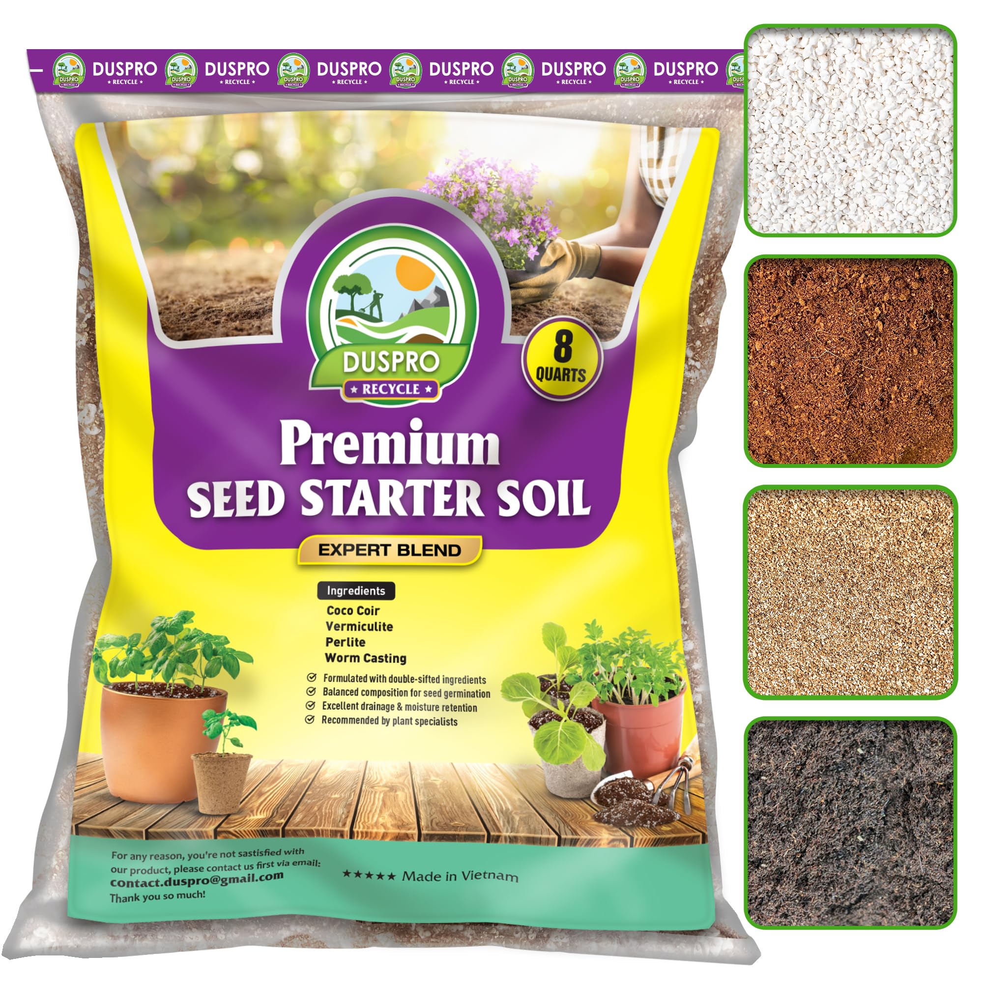 DUSPRO Recycle 8 QRT Seed Starter Soil Pre-Mixed Seed Starting Mix for Young Plant Seeds, Soilless Formula Moisture Retention, Aeration & Nutrient Seed Starting Soil 4in1