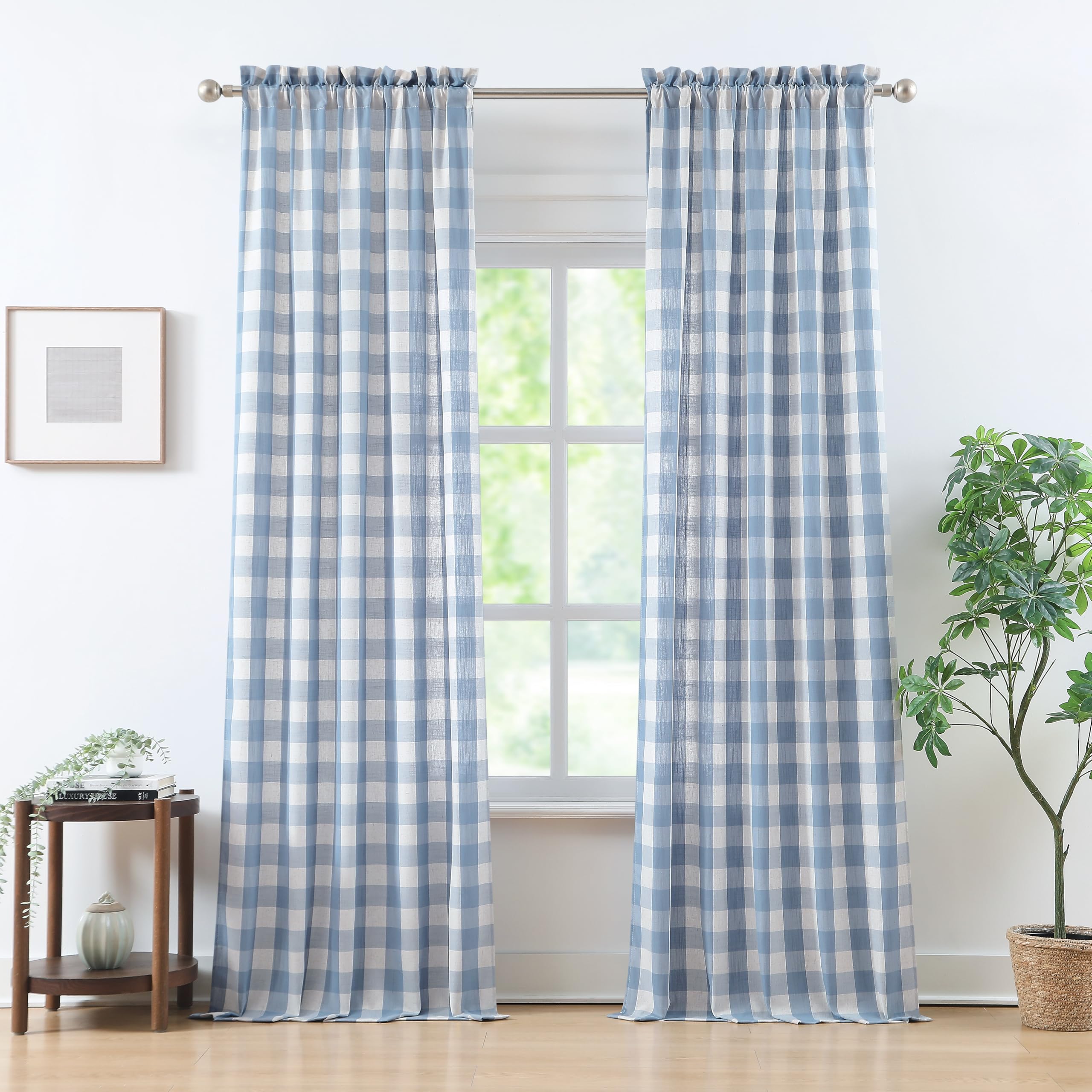 Bapawfish Linen-Dusty Blue Buffalo Plaid Semi Sheer Curtain Panels 84 Inches Long,Farmhouse Gingham Rod Pocket Drapes for Living Room Bedroom,Rustic Window Treatment,40" Wx84 Lx2,Linen-Dusty Blue