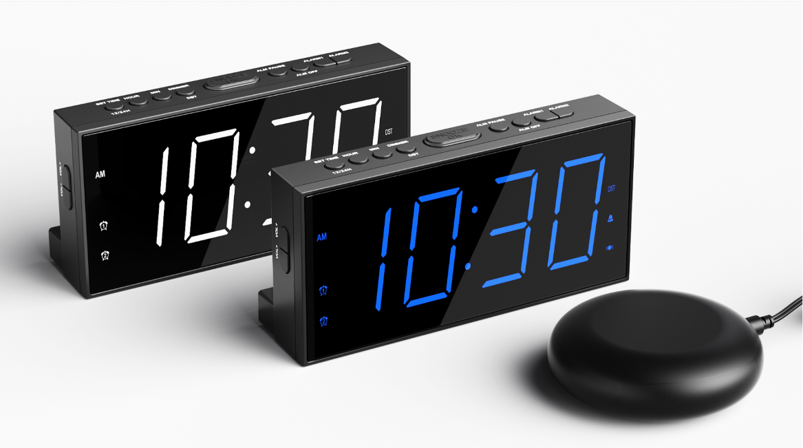 Amazon.com: Loud Alarm Clock with Bed Shaker for Heavy Sleeper, Dual Vibrating  Alarm Clock with USB Charger for Hard of Hearing/Deaf, 7.5'' Large LED  Display with Dimmer, Snooze, 12/24H & Battery Backup :
