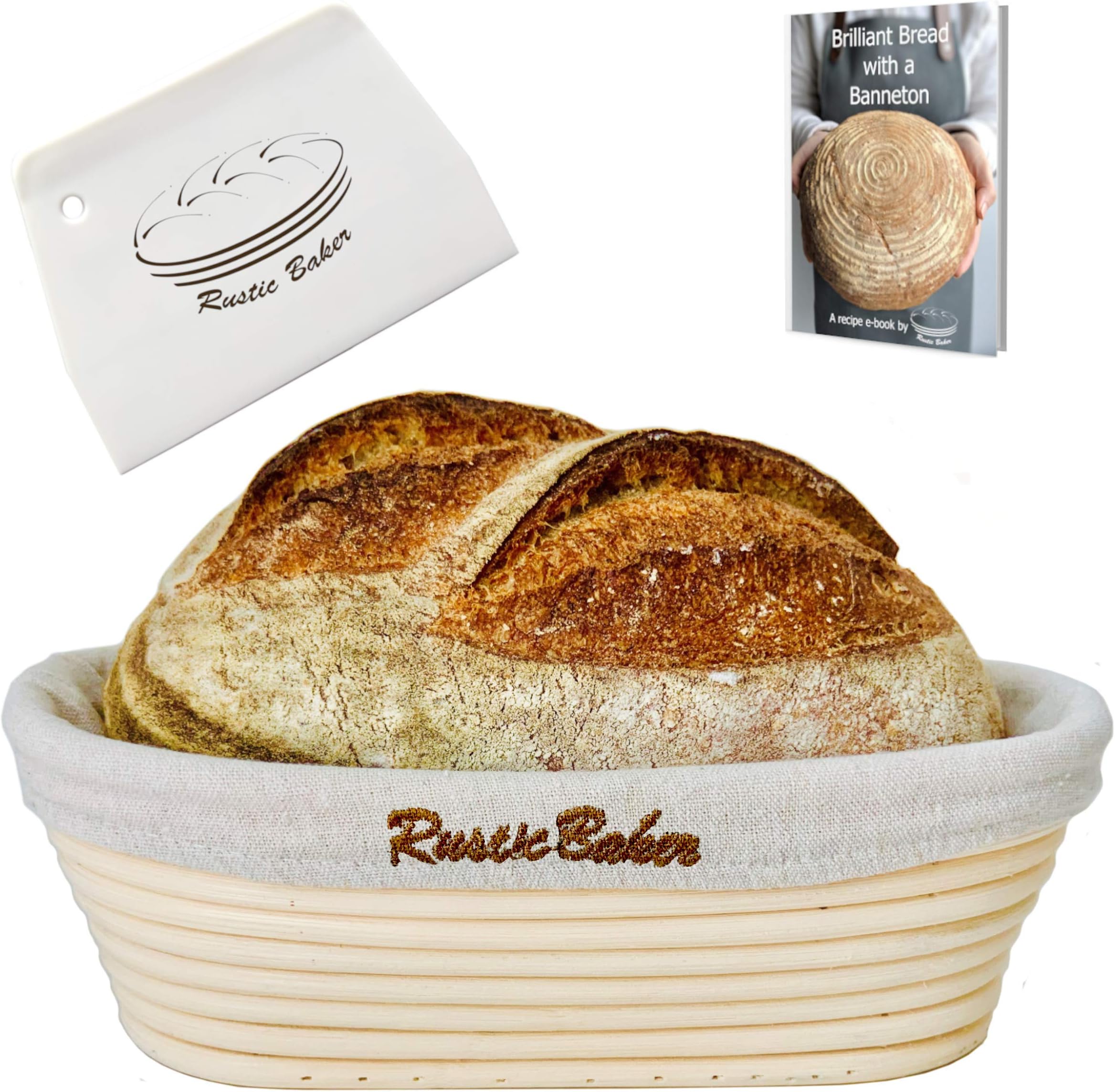Rustic Baker Oval Banneton Proofing Basket | Bread Proving Basket | 25 * 15 * 8 cm | Natural Rattan Cane Basket | Free Ebook Included | Brotform for Artisan Bread | Professional Sourdough Bowl
