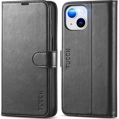 TUCCH Wallet Case for iPhone 14 (6.1") 2022, 4 Card Holders, Black | RFID Blocking, Viewing Stand, Shockproof TPU Shell, PU Leather, Magnetic Closure, Protective Folio Flip Cover
