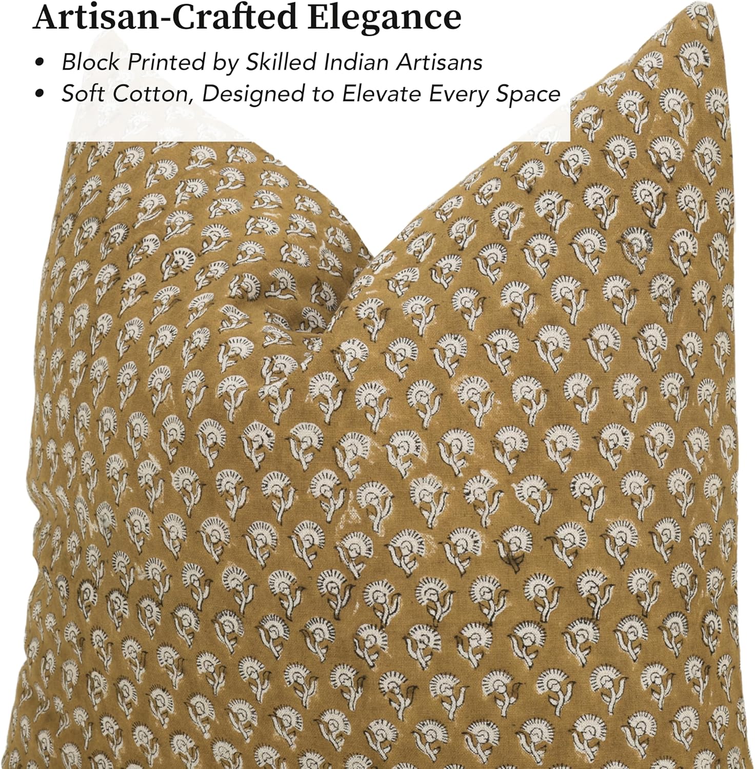 Hand-Block Printed, Artisan-Made Neutral Accent Throw Pillow Covers- 100% Cotton Cushion for Sofa, Bed, Chair, Home Decor, Boho, Indoor - Amelie (Yellow_2, 20" x 20" (Pack of 1))