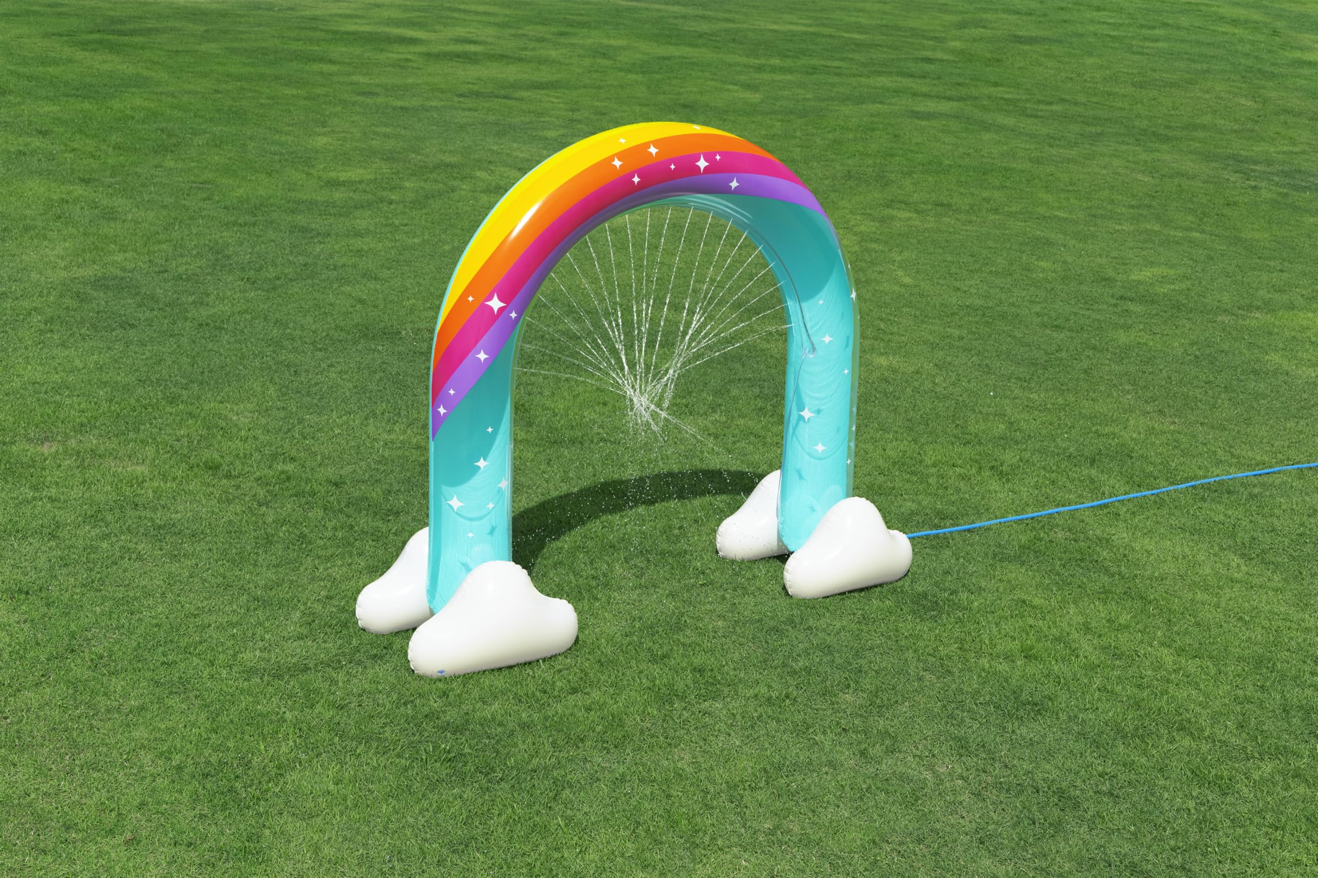Bestway Wassersprinkler Riesen-Regenbogen, 221 x 71 x 193 cm, strapazierfähiges PVC, Wassersprinklerfunktion, Gartenschlauchanschluss, ab 2 Jahren, Sicherheitsventile, Regenbogen-Design