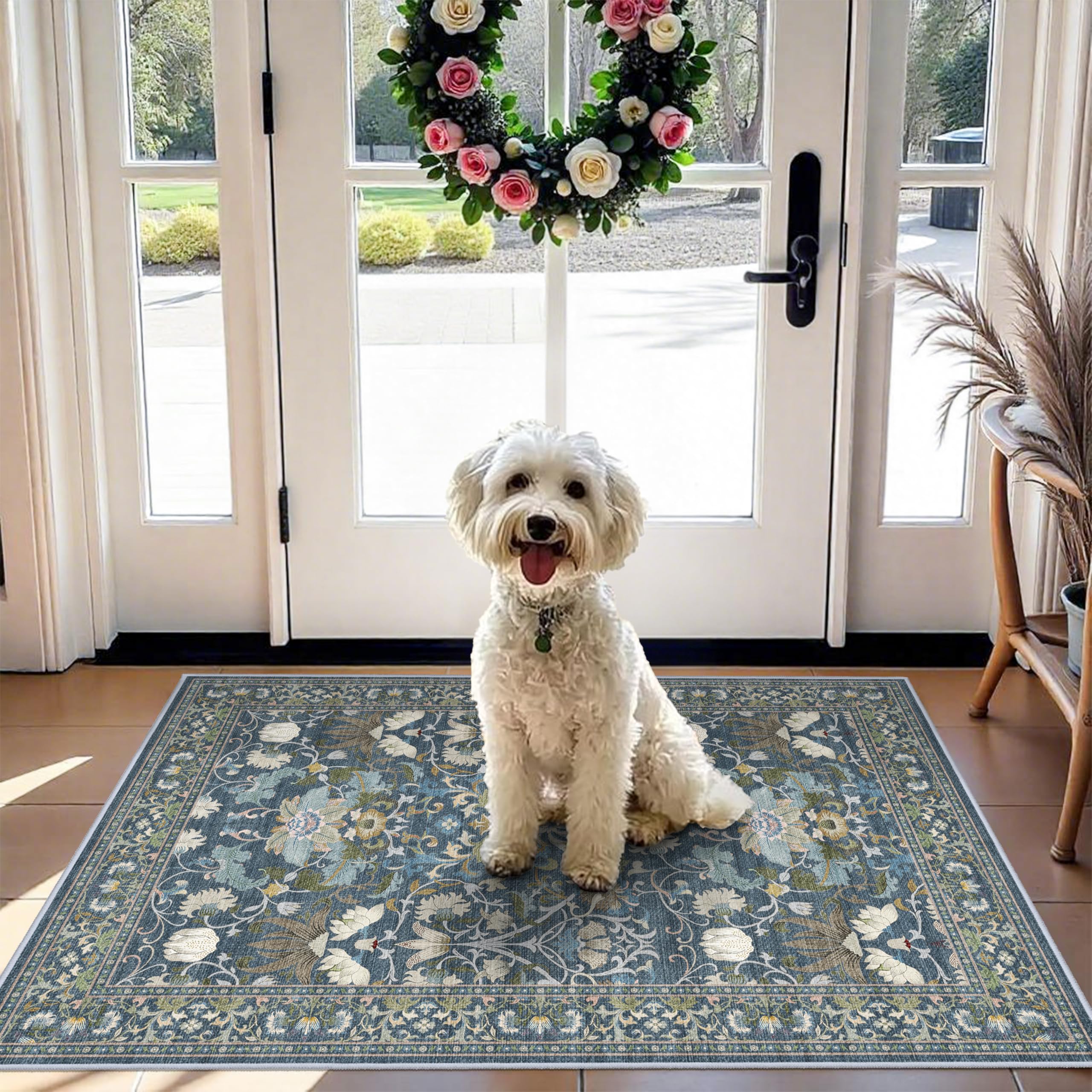 Washable 2x3 Runner Rug for Entryway: Easy-Clean Carpet with Non-Slip Backing for Bedroom Kitchen Stain-Resistant Shedding-Free Floor Mat – Perfect for High-Traffic Areas with Pets (2x3,Floral/Blue) 2' x 3' (Rectangular) Floral/Blue