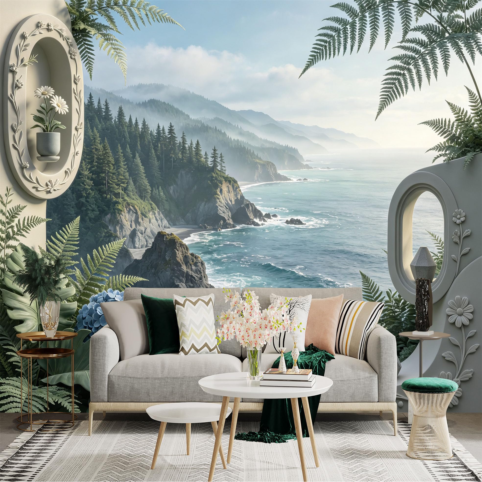 Custom Size Wall Sticker Mural， Coastal Cliff Ocean View， Misty Forest Seascape， Fern Botanical Decor， for wall Decoration， peelandstick wall Decals.