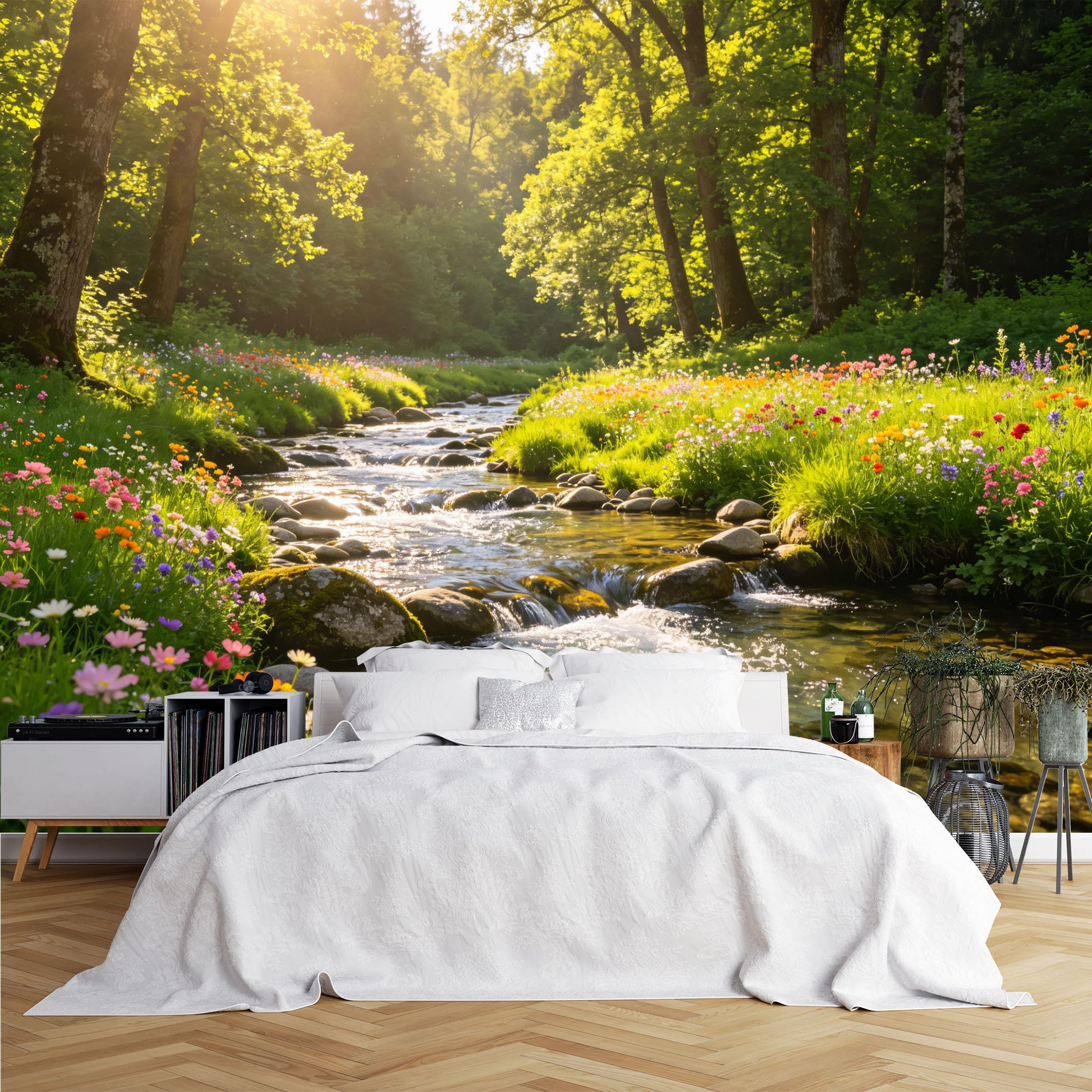 Lcythiazole Ch260615048 Custom Size Wall Murals Sunlit Forest Stream Wildflower Landscape Wall Murals Large Photo Wallpaper Self-Adhesive Removable Wallpaper For Cottage Living Room