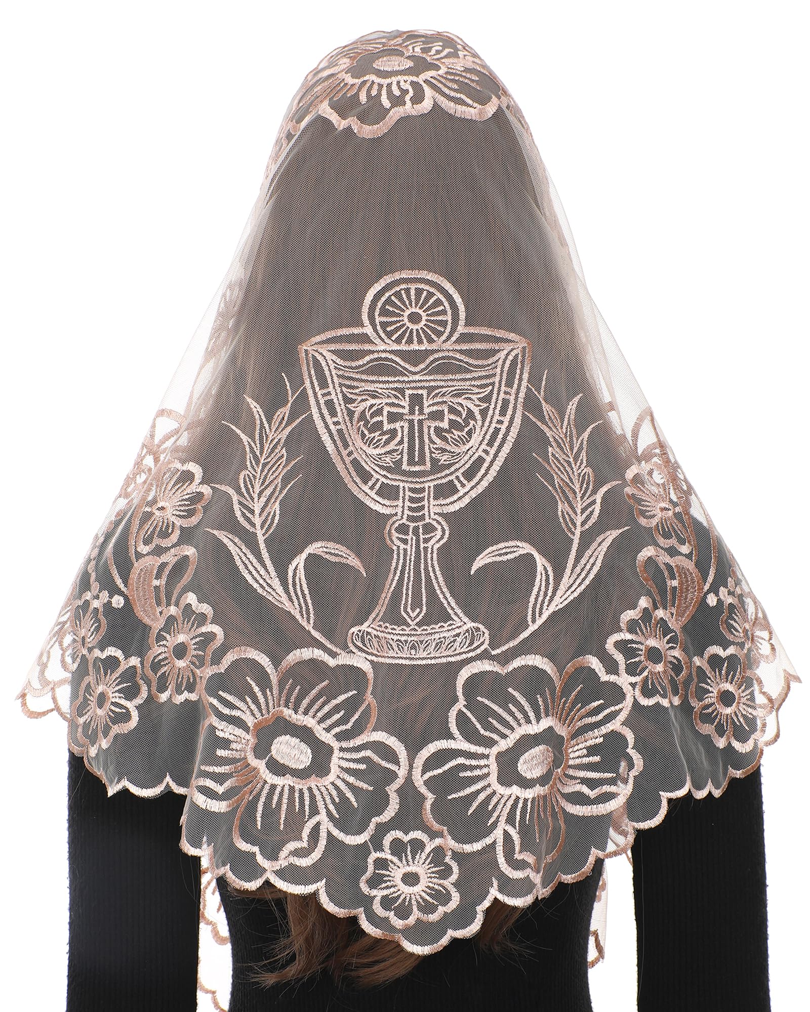 Bozidol Church Triangular Head covering - Cross Chalice Embroidered Vintage Church Veil for Women