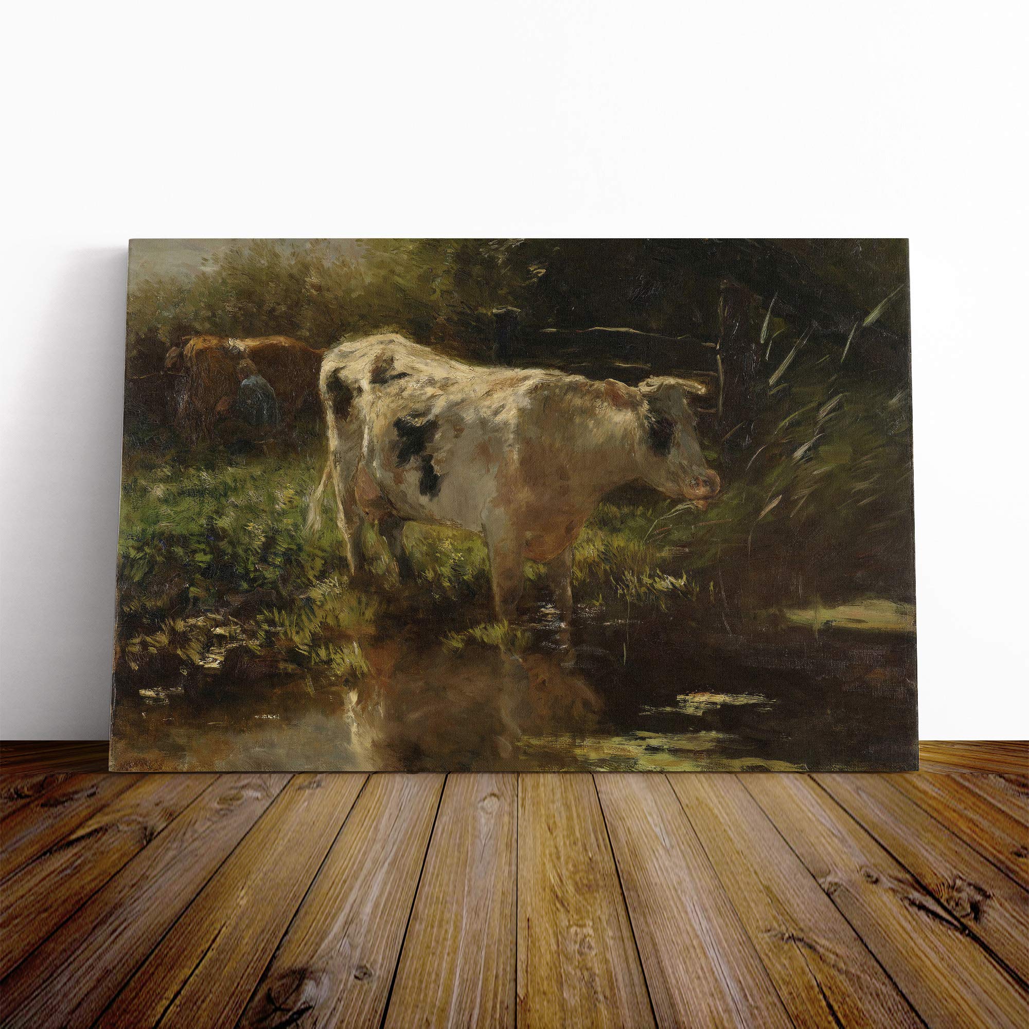 Willem Maris Cow by Water Canvas Print | Gallery Wrapped 30mm Frame Wall Art | 24x16 inches | Ready to Hang | Modern Animals Picture | Living Room Bedroom Lounge Office