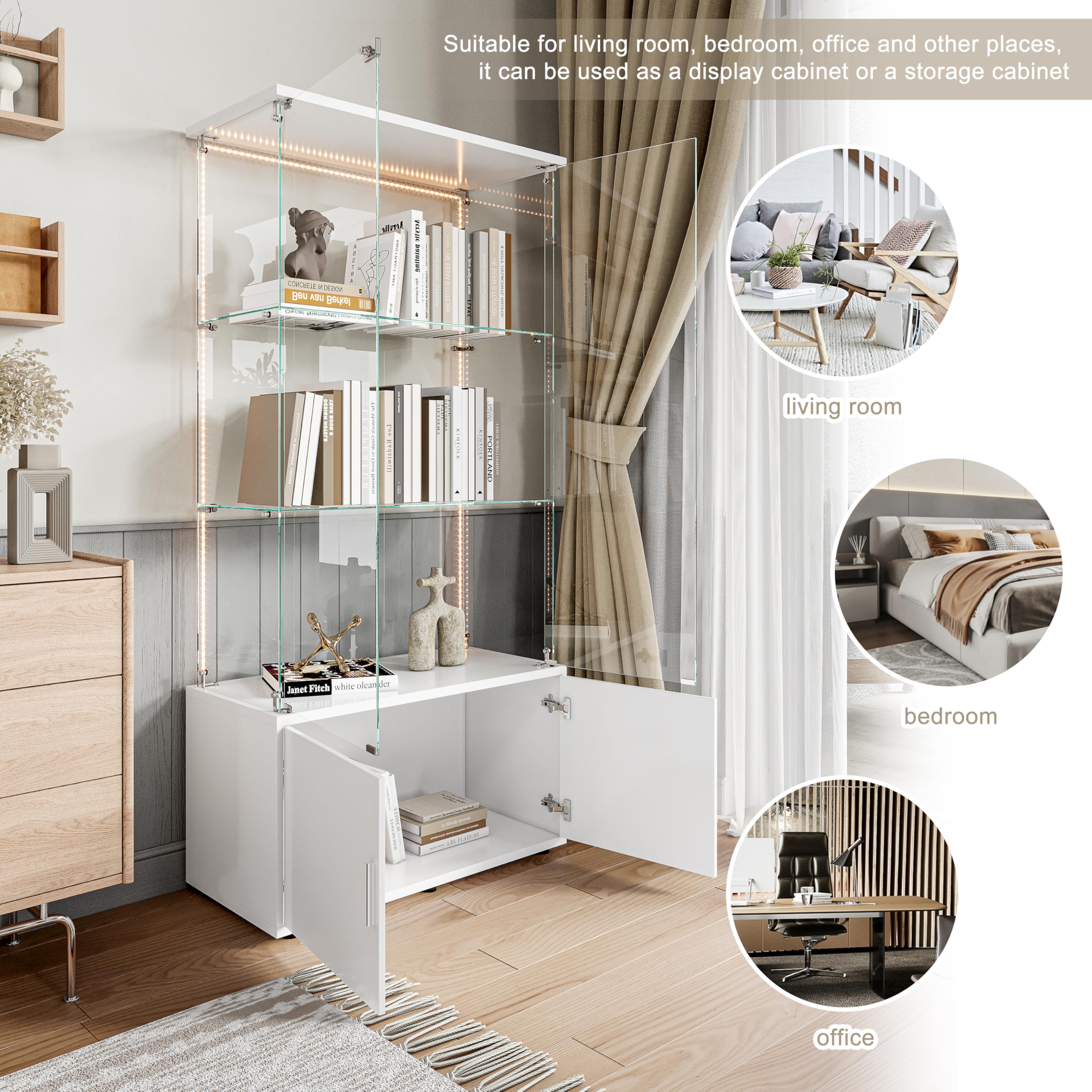 Vetrina in vetro con LED,Vetrina in vetro temperato,3 strati di vetro,a 2 porte e lucchetto,vetrine per figure armadio,per soggiorno,ufficio,oggetti da collezione (Bianco +LED 2, 3 piani +armadietti)
