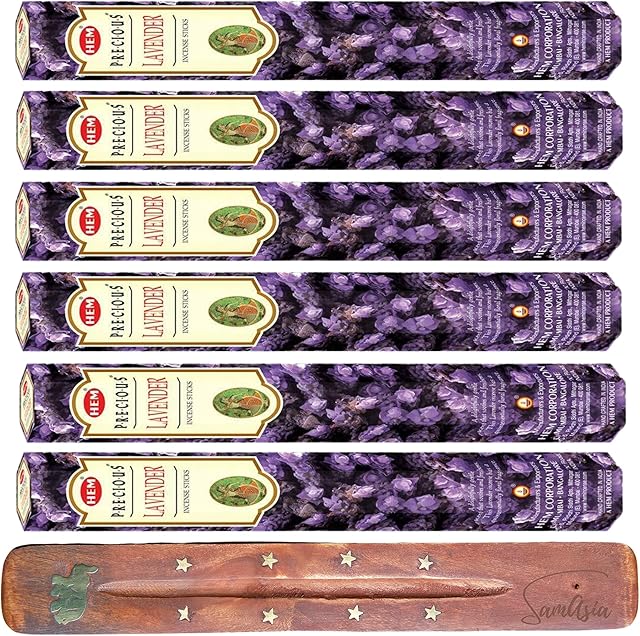 HEM Incense sticks | Pack of 6 | with SAMASIA incense stick holder for Aromatherapy, Incense Spa, Yoga, Meditation, Healing, Spirituality and Relaxation (Precious Lavender)