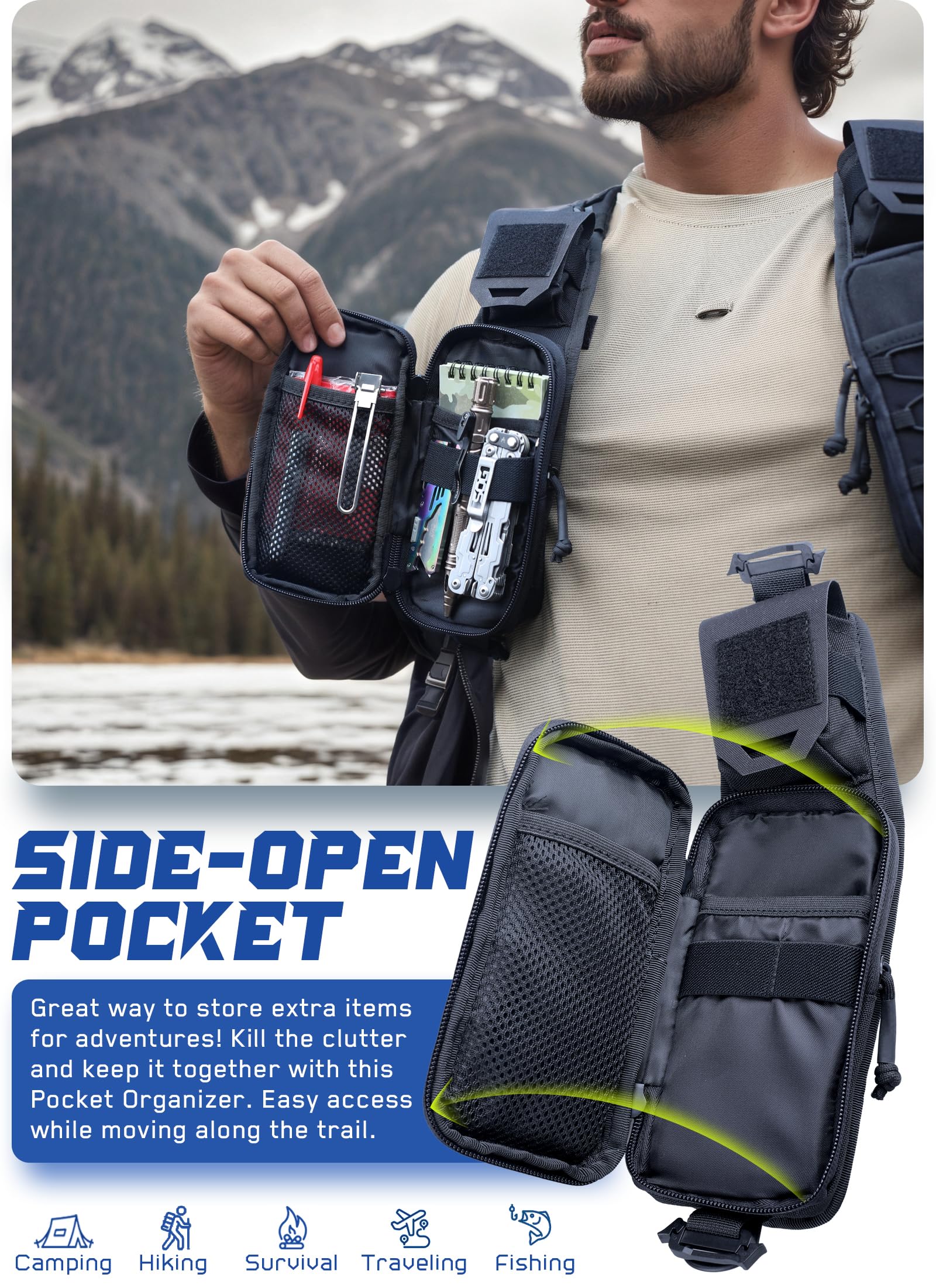 WYNEX Molle Accessori Custodia, Zaino con Tracolla, Tasca Tattica per Telefono Cellulare per Escursionismo, Campeggio e Viaggi, Nero - 1 Pezzo (sinistra)