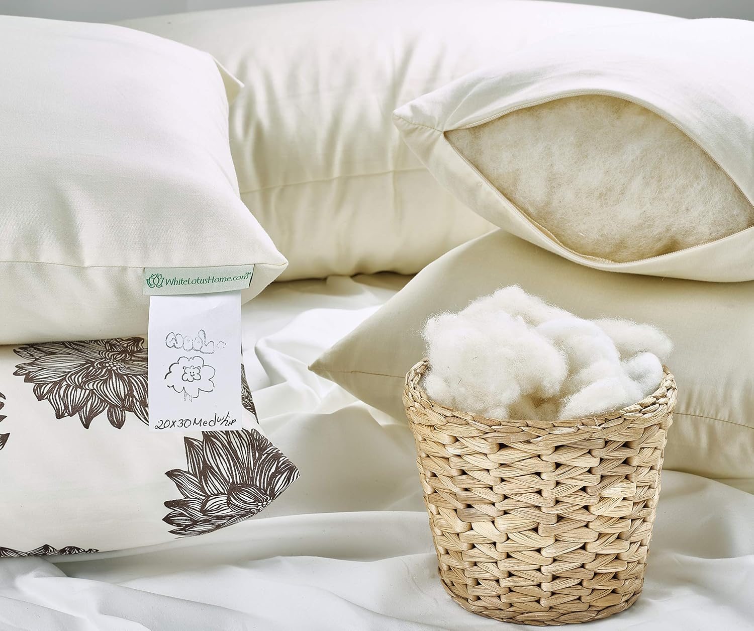 White Lotus Home WSPZ06 Wool Sleep Pillow with Organic Sateen Outer Case with Zipper, 20x30-Queen Firm, Natural