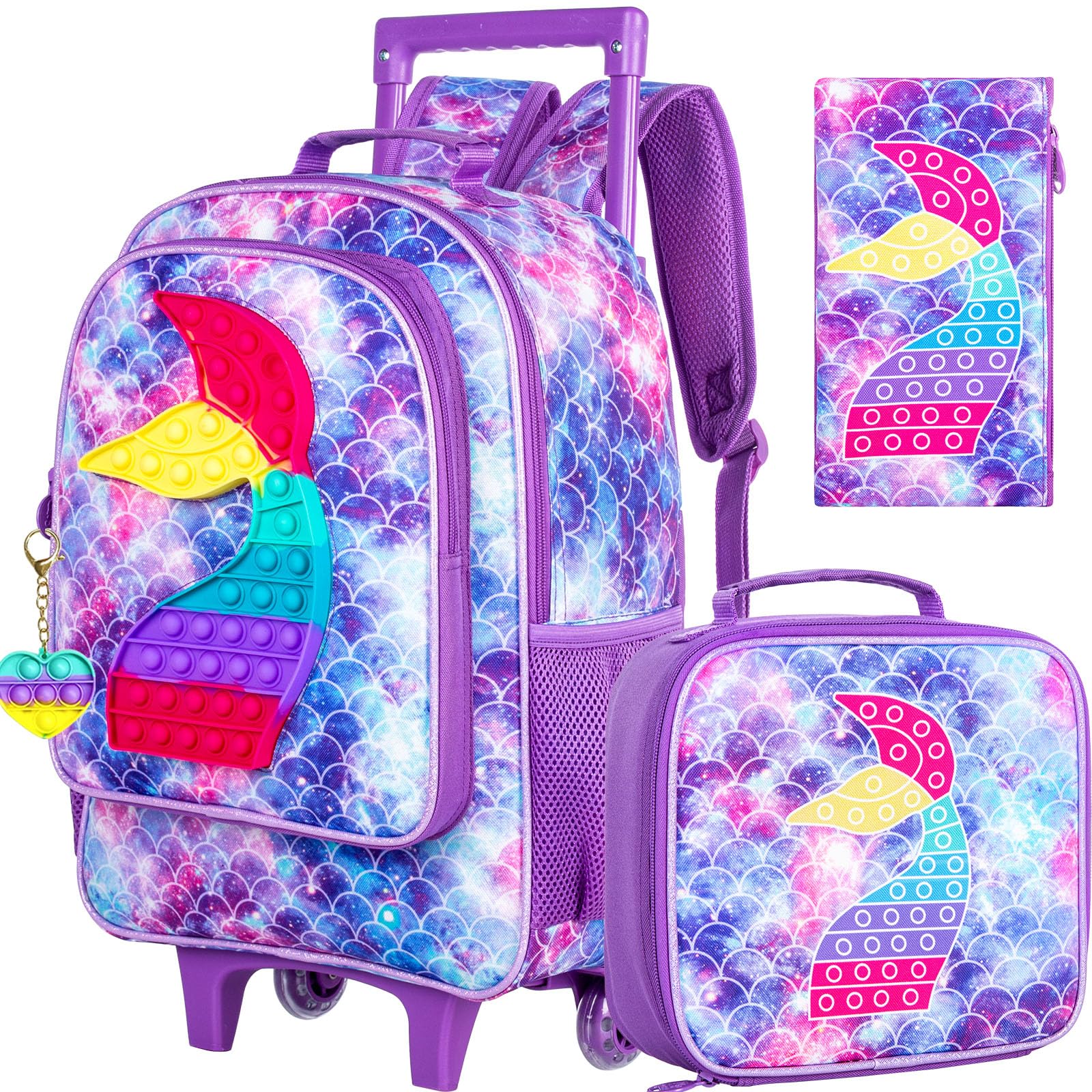 WZLVO 4PCS Rolling Backpack for Girls,Kids Mermaid Backpacks with Roller Wheels, Wheeled Bookbag with Lunch Box for Toddler Elementary School