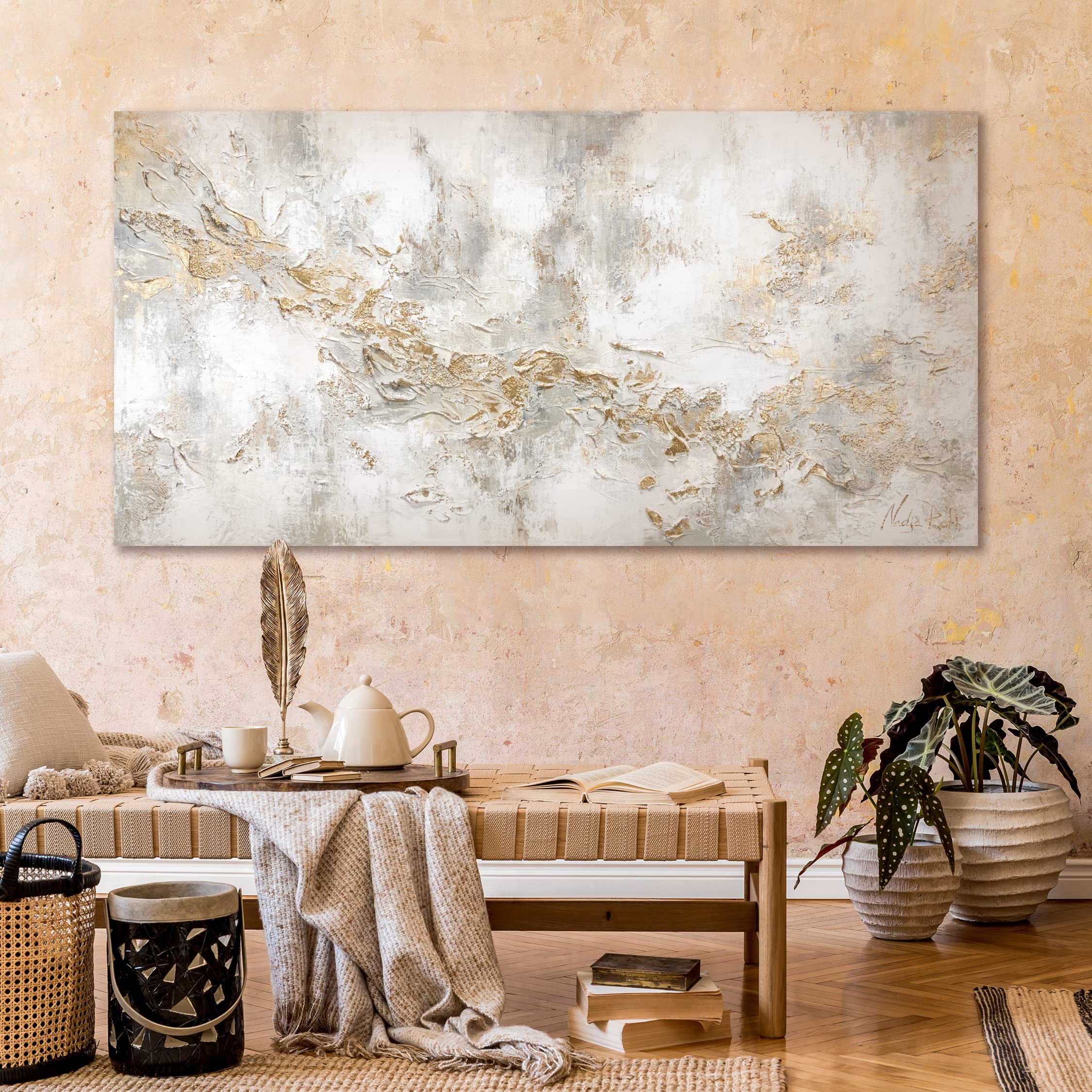 YS-Art Quadro Dipinto a Mano – Bianco Oro Lusso Astratto, Acrilico Moderno Materico su Tela, Decorazione Parete per Corridoio e Pranzo 100x50 cm