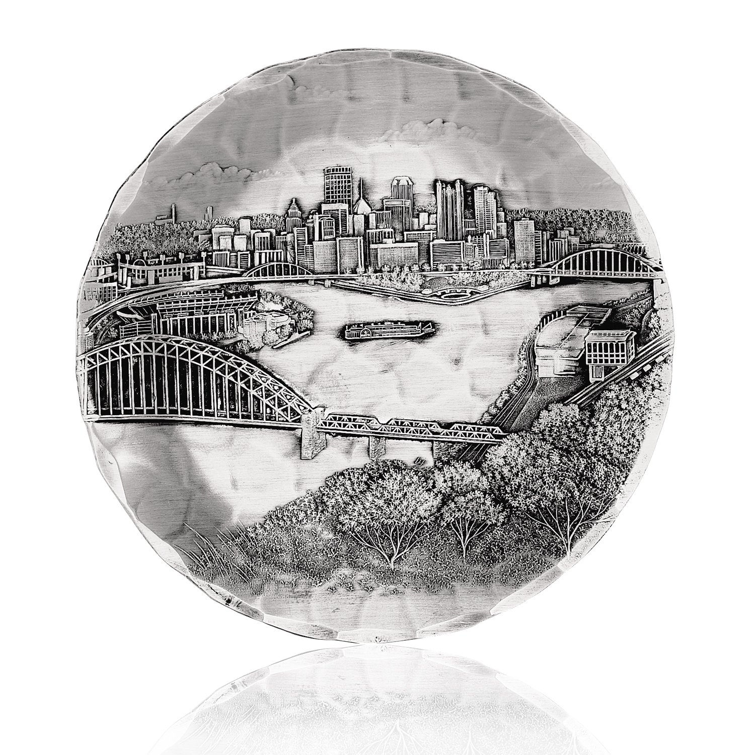 Wendell August Pittsburgh Cityscape Coaster, Hand-hammered Aluminum, Keeps Tabletops Safe, 4.5 Inch Round Coaster