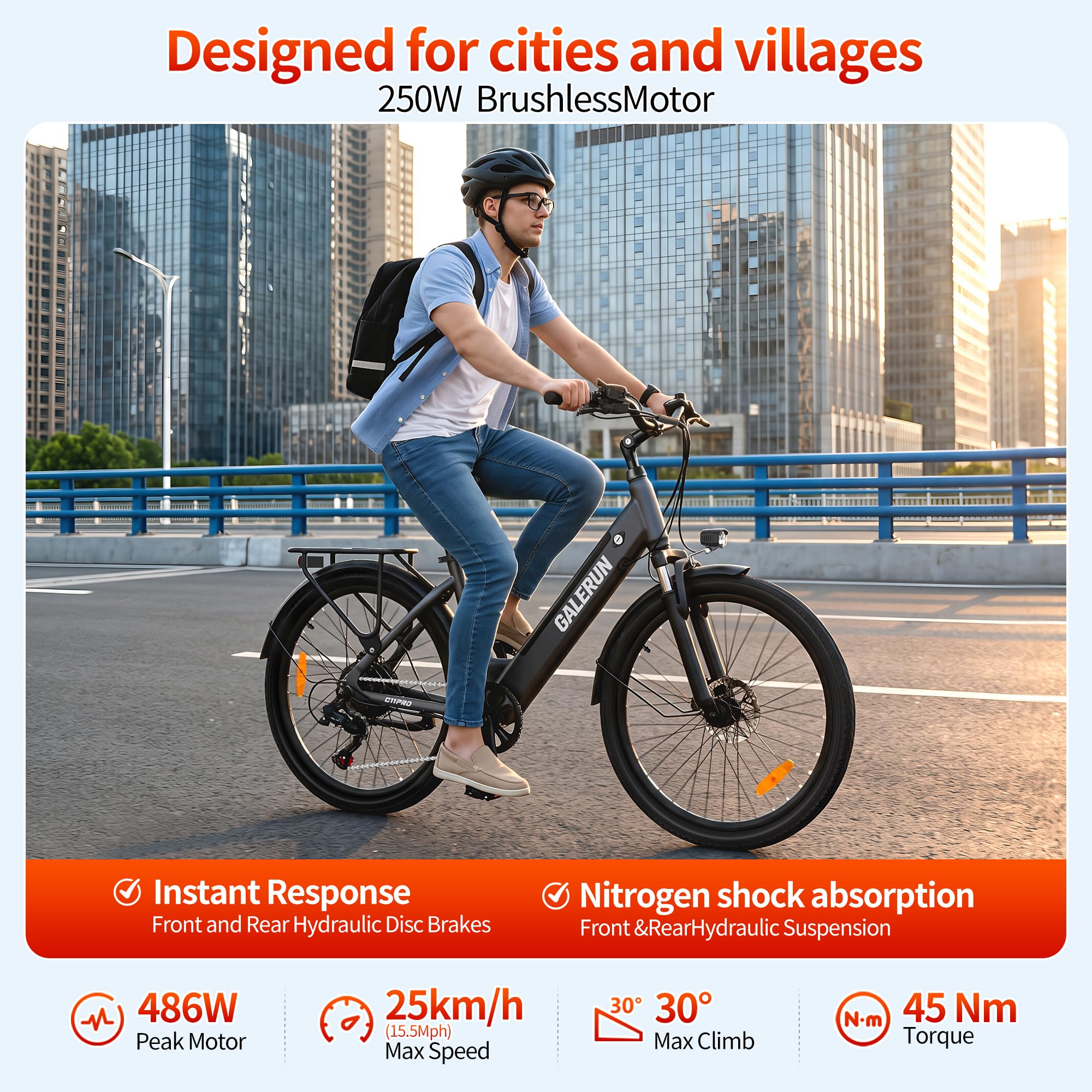 GaleRun Vélo Électrique Femme/Homme Frein hydraulique 26' |7vitesses Urban Commuter,3Modes Conduite vélo électrique avec Batterie 36v13ah remplaçable,25km/h,portée max120km Urban Commuter Gris/Bleu