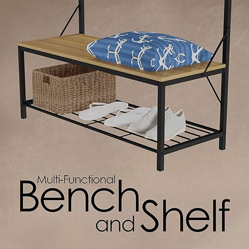 Miniatura 4 de Lavish Home Banco de entrada con muebles de hierro de asiento y madera con perchero de 5 ganchos, estante superior y almacenamiento inferior para