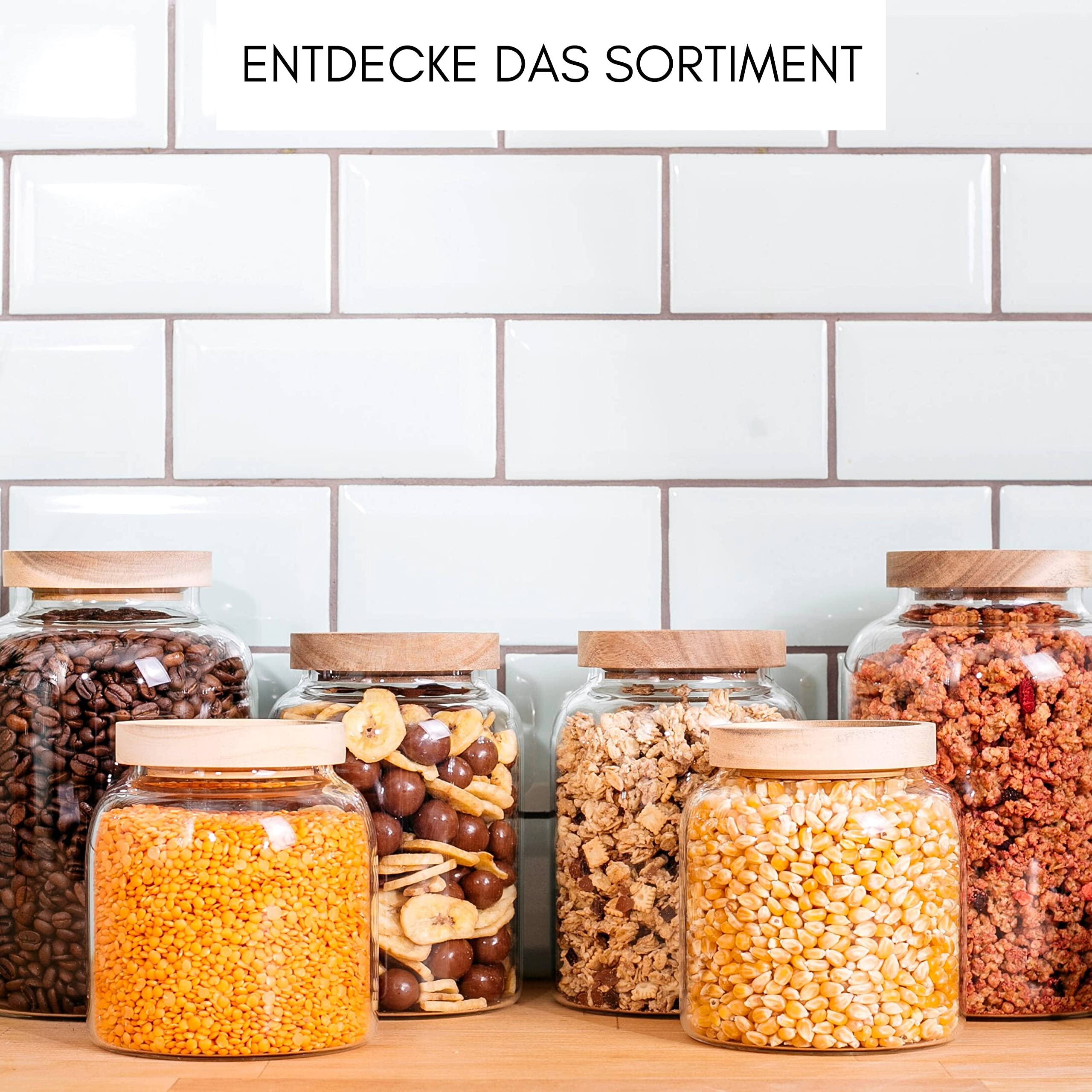 Econovo® Tarros de almacenamiento con tapa grande (2 piezas), 1600 ml, tarros de cristal con tapa de madera, herméticos, juego de tarros de almacenamiento para alimentos grandes y pequeños