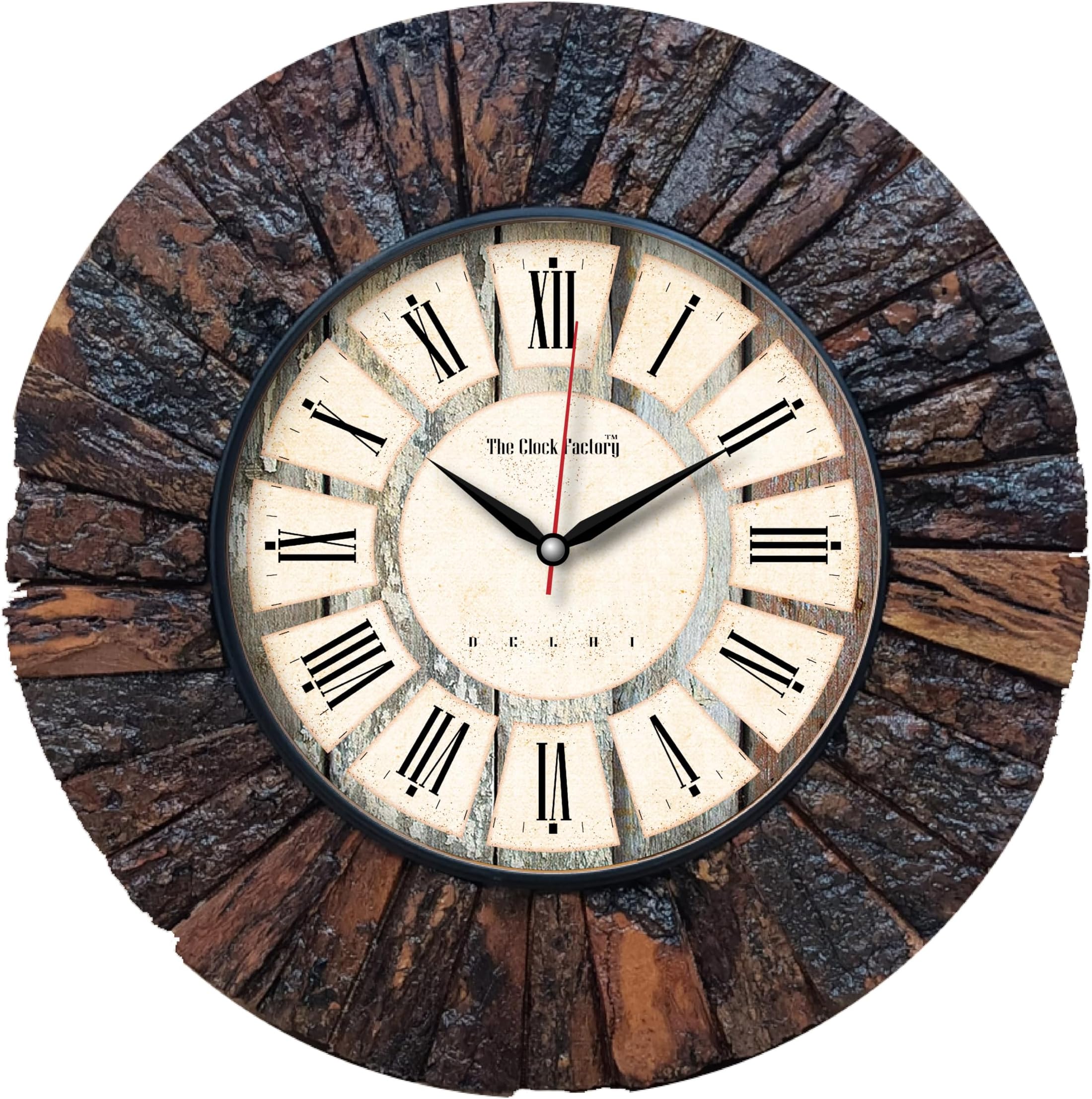 Rustic Wood Wall Clock, 16 Inches, Bark Wood, Curved Glass, Quiet Quartz Movement, Roman Numeral Markings
