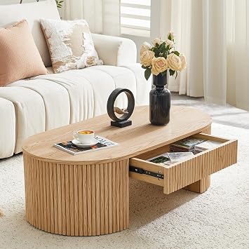 LKTART 47.5" Oval Fluted Wood Coffee Table with Storage Drawer, Oak