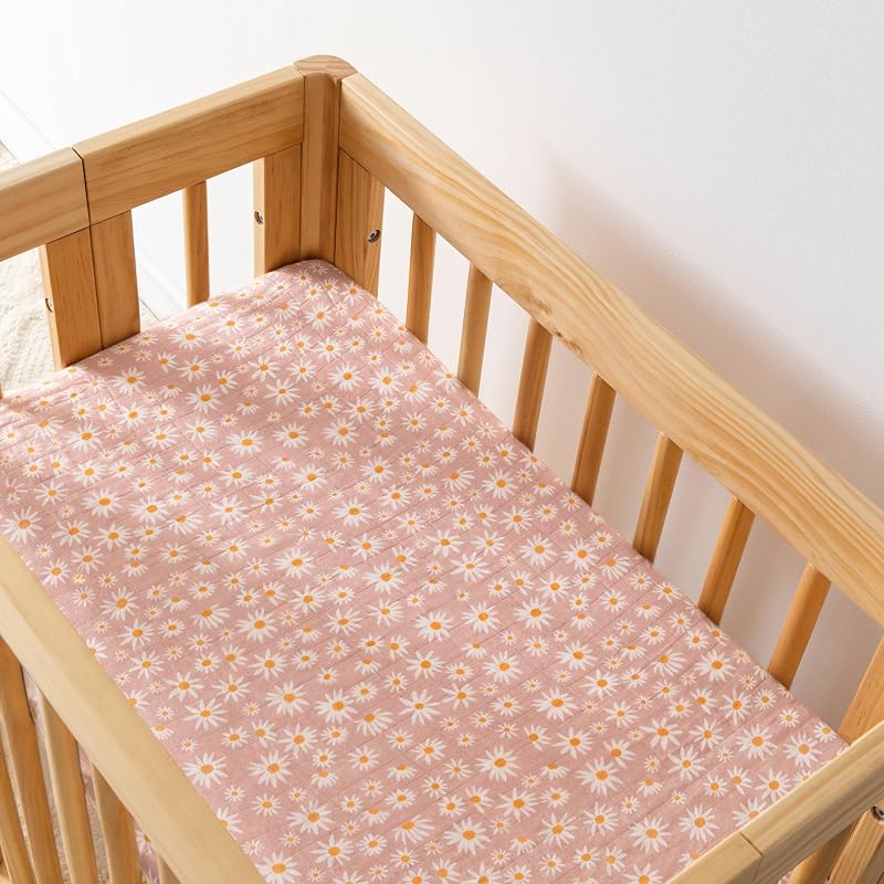 Babyletto Muslin Baby Bassinet Sheets for Girls & Boys in Daisy | GOTS-Certified Organic Cotton Bassinet Sheets For Girls & Boys - 360° Fitted, Soft & Cozy Rectangle Bedside Cover